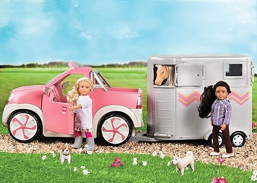 Miniatura 3 de Lori Camión pick-up para mini muñecas - Coche rosa para muñecas de 6 pulgadas - Radio real y enganche de remolque - Música y luces - 3 años + -