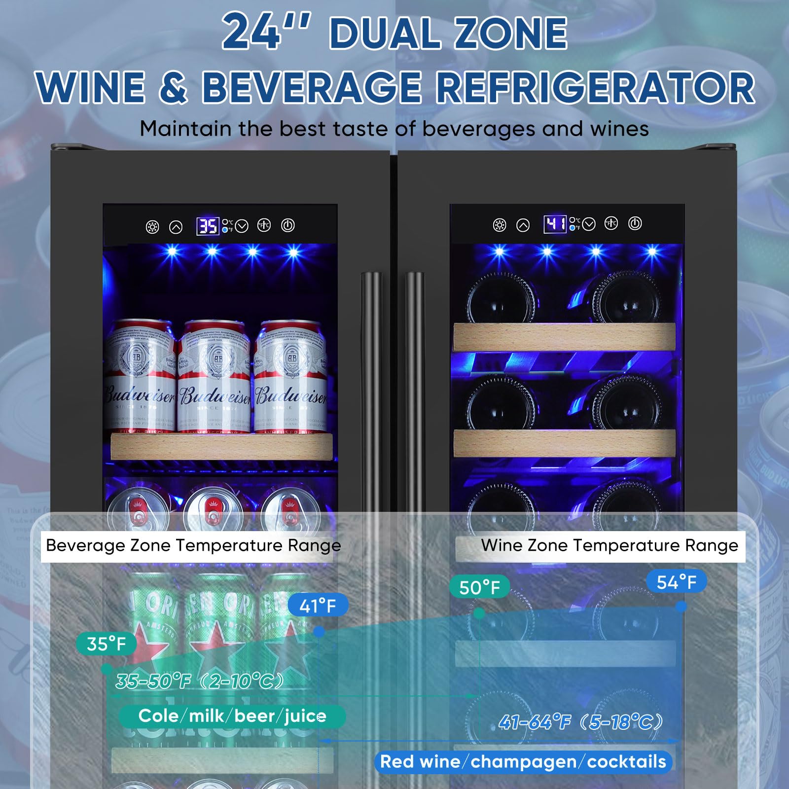 Wine And Beverage Refrigerator 24", Upgraded Dual Zone Wine Beverage Cooler With Glass Door And French Door, Large Capacity Beer Fridge Holds 21 Bottles & 88 Cans, Built-In Or Freestanding - Black on Fridge.com - View 3