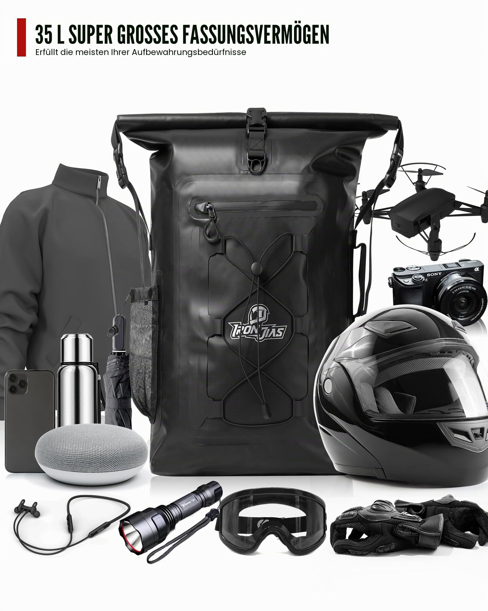 Grapelet Motorrad Rucksack，Wasserdicht Motorrad Rucksack 40L，Motorradrucksäcke für Herren，Rolltop Rucksack mit abnehmbaren Schultergurten PVC500D schwarz Dry Bag mit Seitentasche