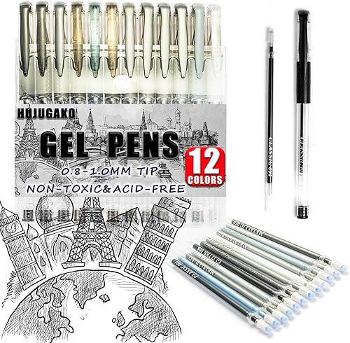 Paquete de 24 bolígrafos de gel negro y gris, 12 bolígrafos de gel de colores con 12 repuestos, 40% más de tinta para escribir suavemente para niños