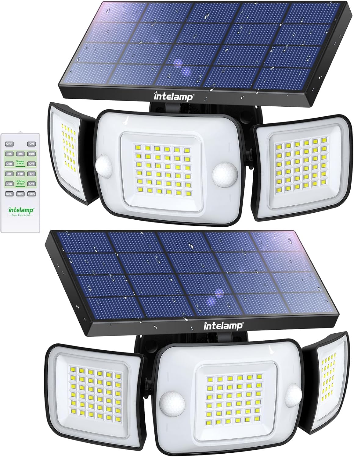 intelamp Solar Security Lights Motion Sensor LED SolarLights Outdoor 6000mAh 1200ML Solar Powered FloodLights Outside lP65 Waterproof,270° Wide lllumination,3Lighting Modes with Remote Control(2Pack)