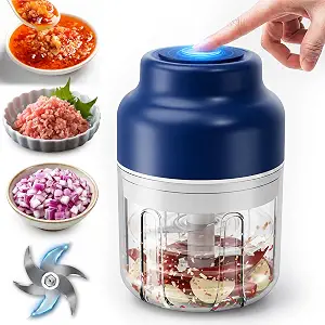 2026 Upgrade Electric Garlic Chopper Mini, 320 ml, Cordless Rechargeable, 6 Stainless Steel Blades, Portable for Onion, Chili, Ginger, Nuts, Meat & Fruits (Blue)