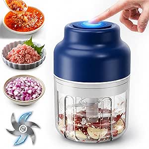 2026 Upgrade Electric Garlic Chopper Mini, 320 ml, Cordless Rechargeable, 6 Stainless Steel Blades, Portable for Onion, Chili, Ginger, Nuts, Meat & Fruits (Blue)