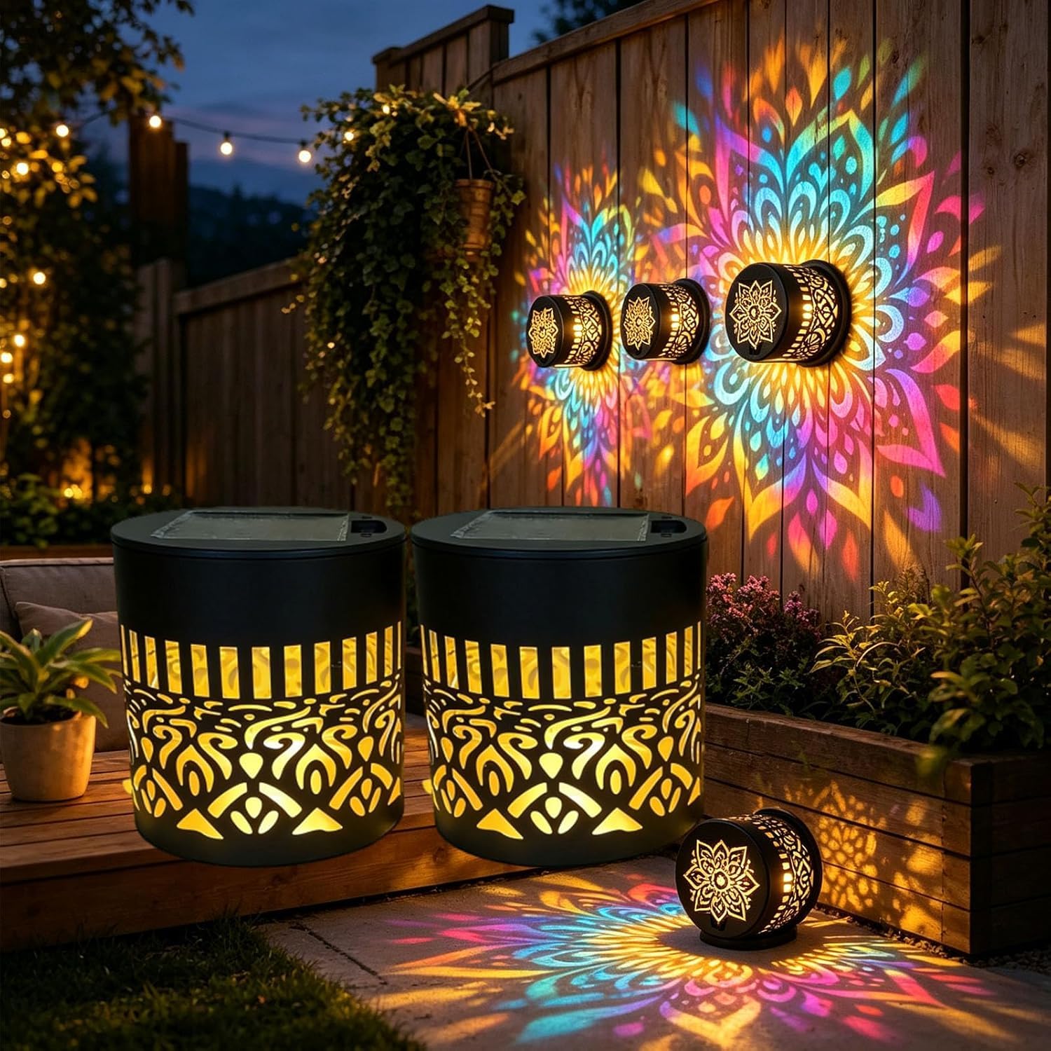Seven-Color Changing Solar Mandala Projection Wall Light, Solar Mandala Wall Lights, 𝐌𝐚𝐧𝐝𝐚𝐥𝐚 𝐒𝐨𝐥𝐚𝐫 Lights, for Patio Yard Backyard Decor (2PCS)