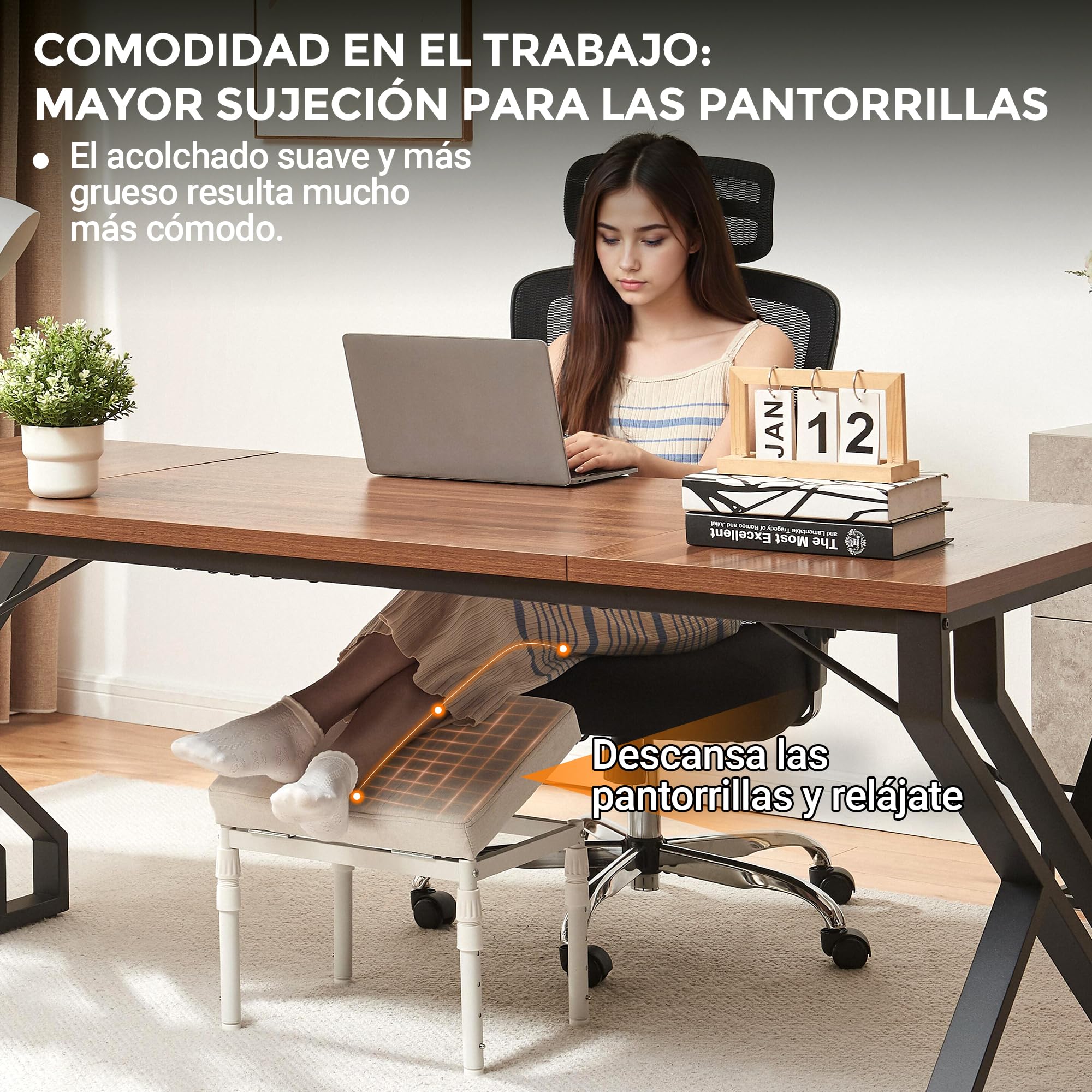 TIOPGHAD Reposapiés Ajustable para Escritorio, Taburete Otomano, Beige | 4 alturas, inclinación 60 grados, 28 posiciones, cojín de espuma de 6 cm, base metálica, para escritorio, sofá, cama, oficina