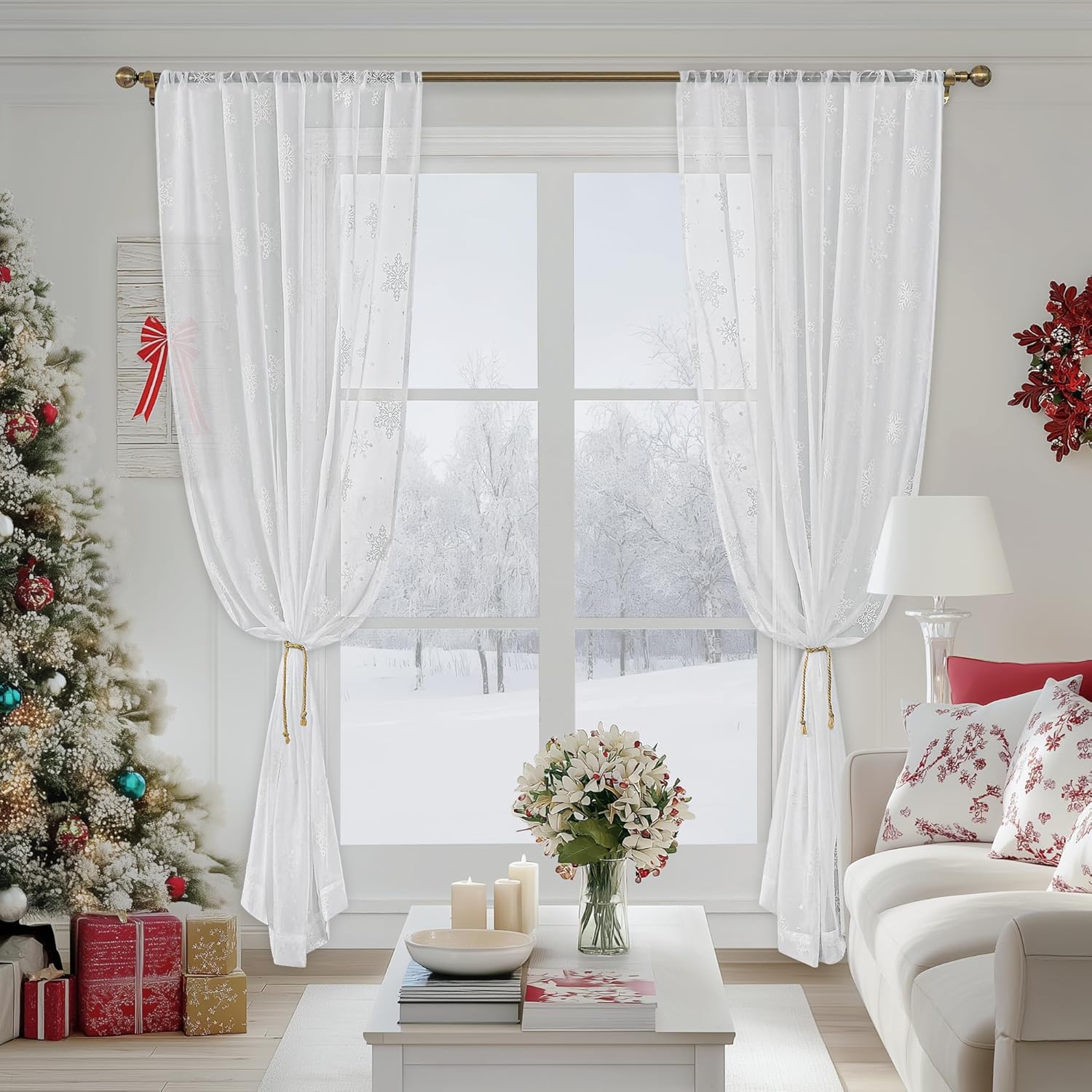 FMFUNCTEX White Sheer Snoflake Christmas Curtains for Bedroom, Snow Curtains 72 Inches Long for Living Room, Holiday Winter Window Curtains, Xmas Decor Curtain Light Filtering Rod Pocket 2 Panels Set