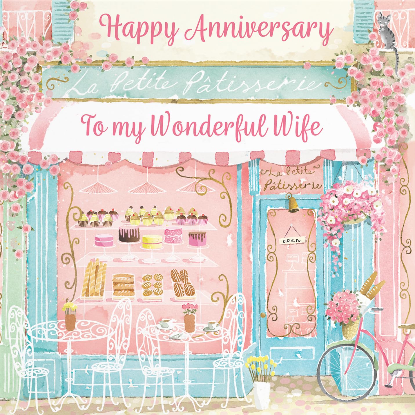 Hunts England, La Petite Patisserie Wife Anniversary Card, Charming Pink Bakery, Pretty French Cafe Female Floral Design - Image 2