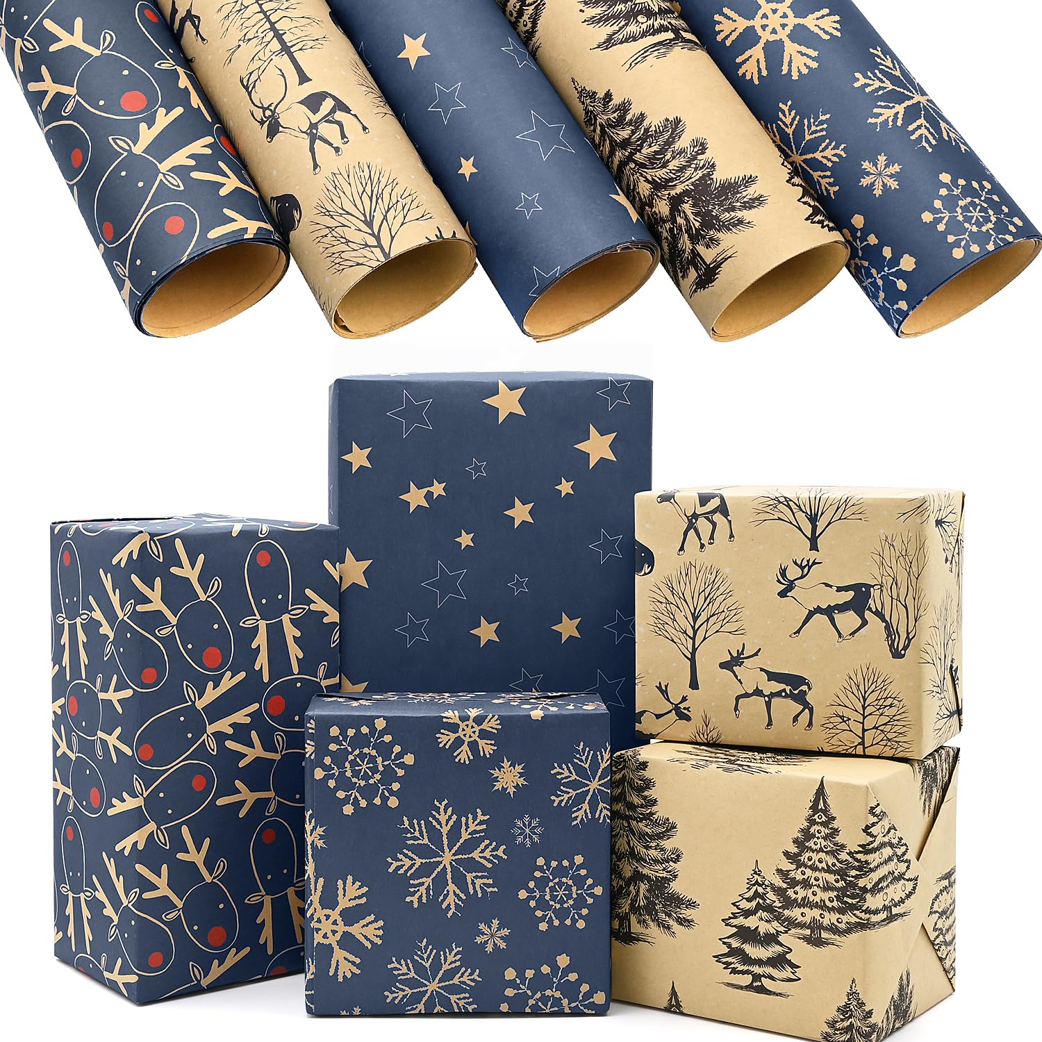 5Pack Christmas Wrapping Paper in a Roll,43 * 100cm Recyclable Wrapping Paper with 5 Different Patterns for Xmas