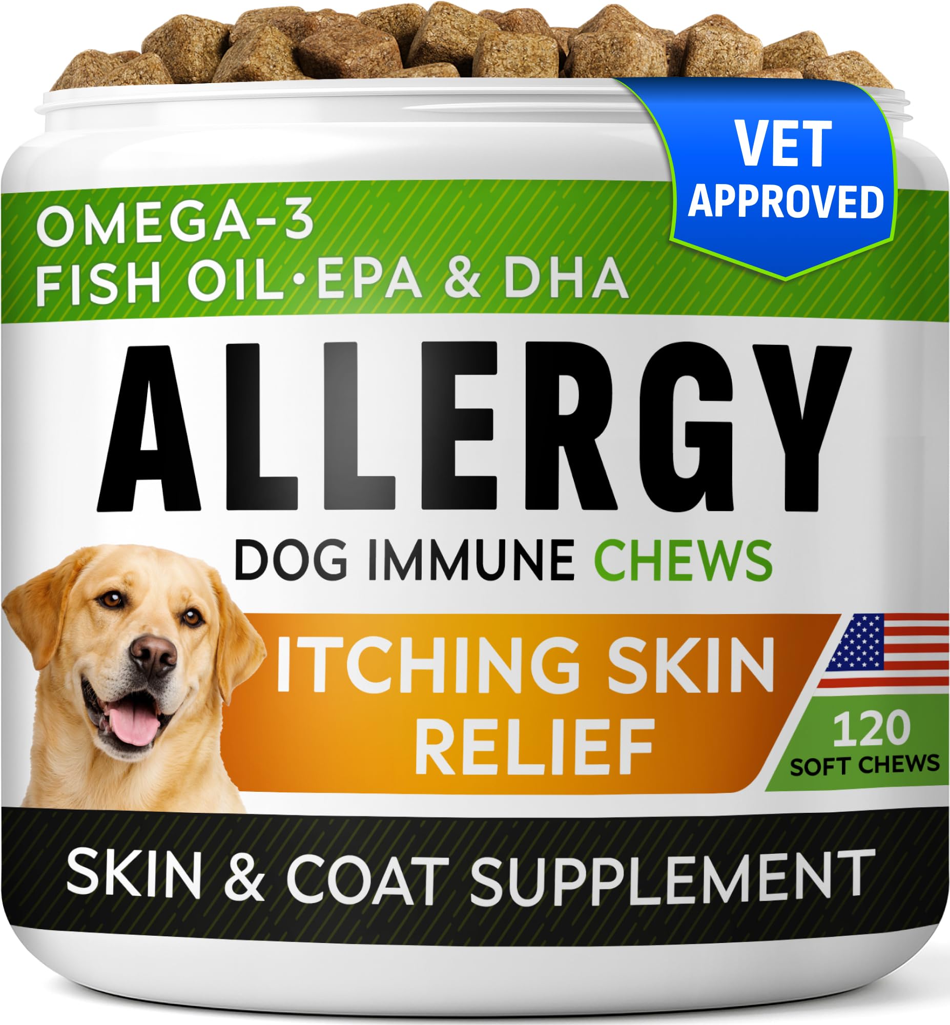 Dog Allergy Relief + Itchy Skin Treatment with Omega 3 & Pumpkin, Dogs Itching & Licking Treats, Itch Chew, Supplements, Hotspot for Dogs, Anti Itch Support, Dog Skin & Coat Supplement