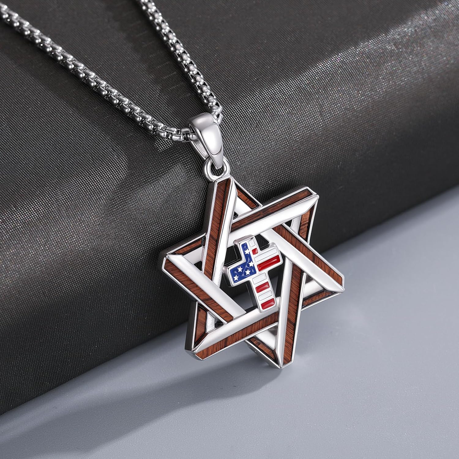 MEDWISE Star of David 925 Sterling Silver American Flag Necklace, Ebony Wood Star of David Pendant Protection Jewish Jewelry for Women Men Husband Father Son with 22+2 inch Chain Birthday - Image 4