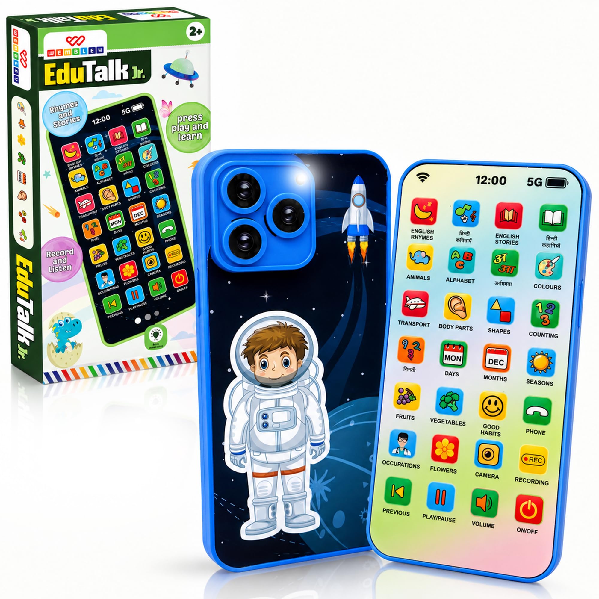 Wembley EduTalk Jr. Astronaut-Themed Educational Mobile Phone for Kids | 28 Learning Functions, English & Hindi Rhymes, Stories, Recording & Playback, Rechargeable Toy | 2+ Years | Ideal for Gifting-image-47