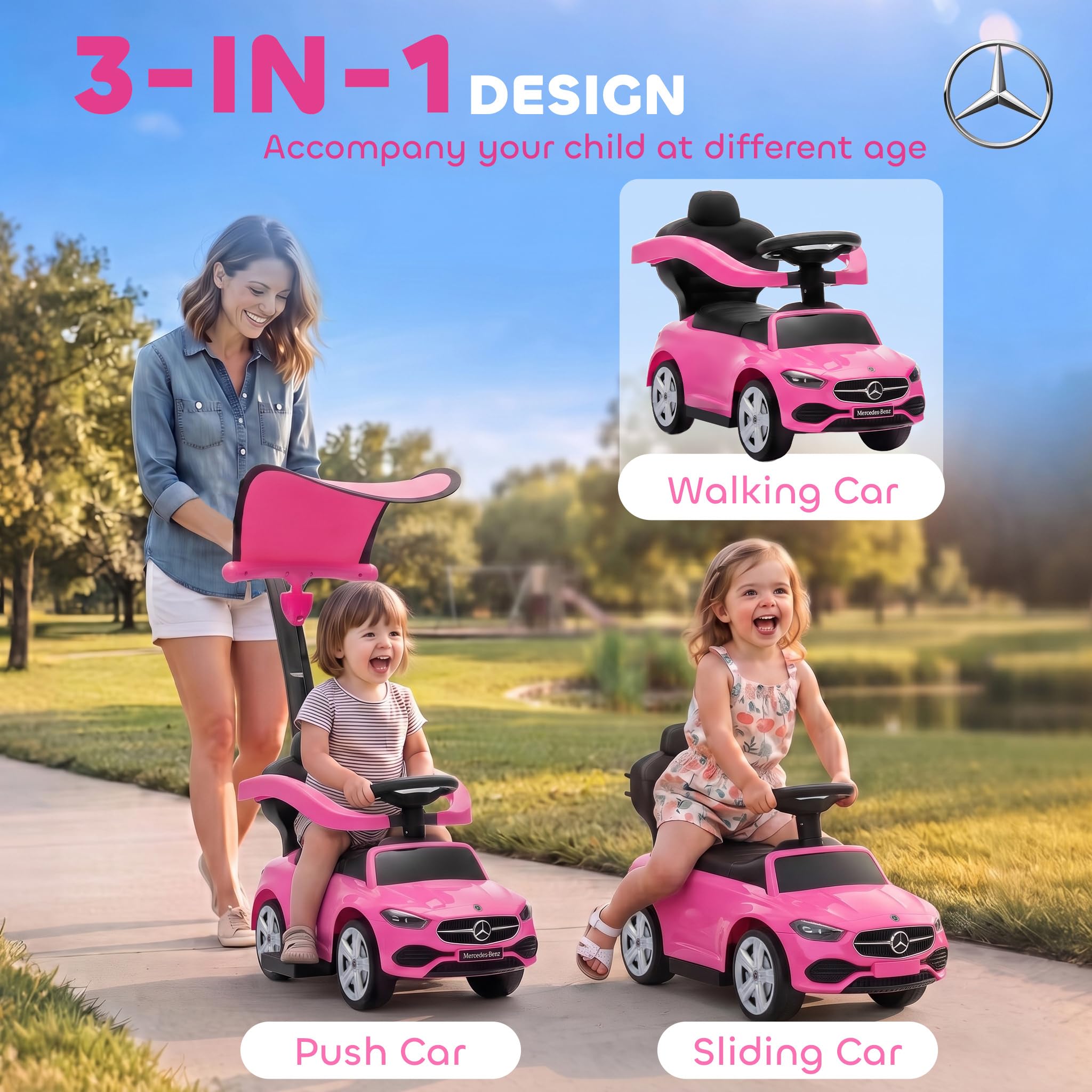AIYAPLAY Pchacz-jeździk 3 w 1 Mercedes-Benz, z rączką do prowadzenia, daszkiem, barierkami, klaksonem i muzyką, schowek, 12-36 miesięcy, różowy