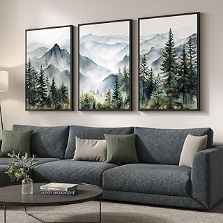 Framed Mountain Landscape Wall Art for Living Room, Large Foggy Forest W...