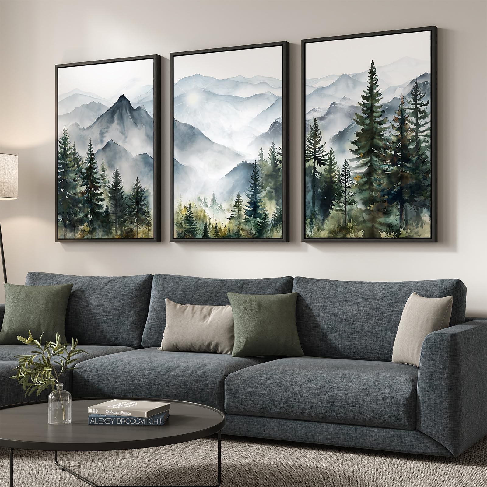 Photo 1 of ***MISSING ONE PHOTO -SELLING AS 2PCS ONLY*** Framed Mountain Landscape Wall Art for Living Room, Large Foggy Forest Watercolor Artwork for Walls, 2 Piece Nature Mountain Forest Paintings Prints for Hallway Office Kitchen Wall Decor, 24x36 Inch