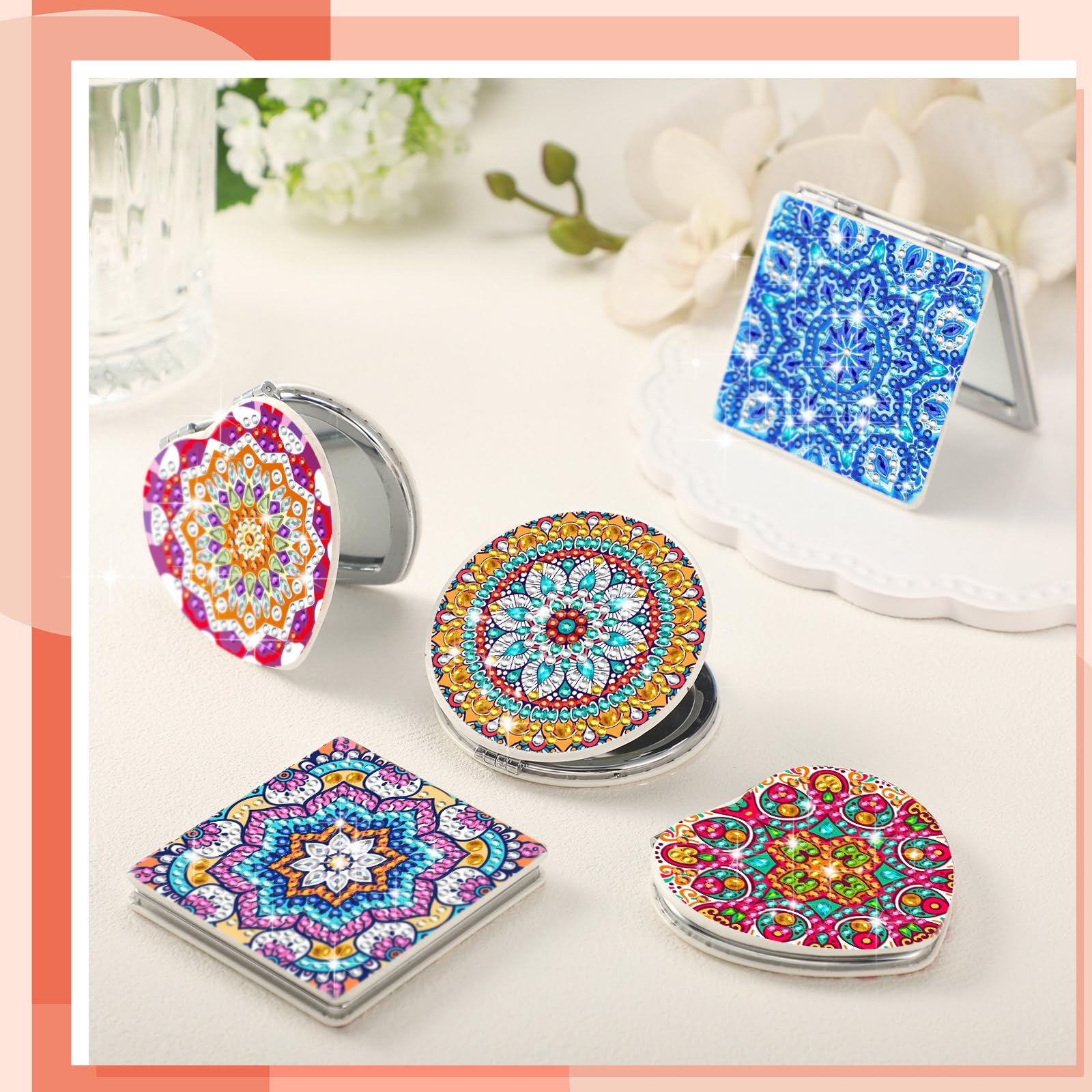 Thyle 6 piezas de pintura de diamantes compacto espejo de bolsillo con cubierta de pintura de diamantes, espejo portátil plegable con aumento de puntos de diamante kits de arte para mujeres y niñas,