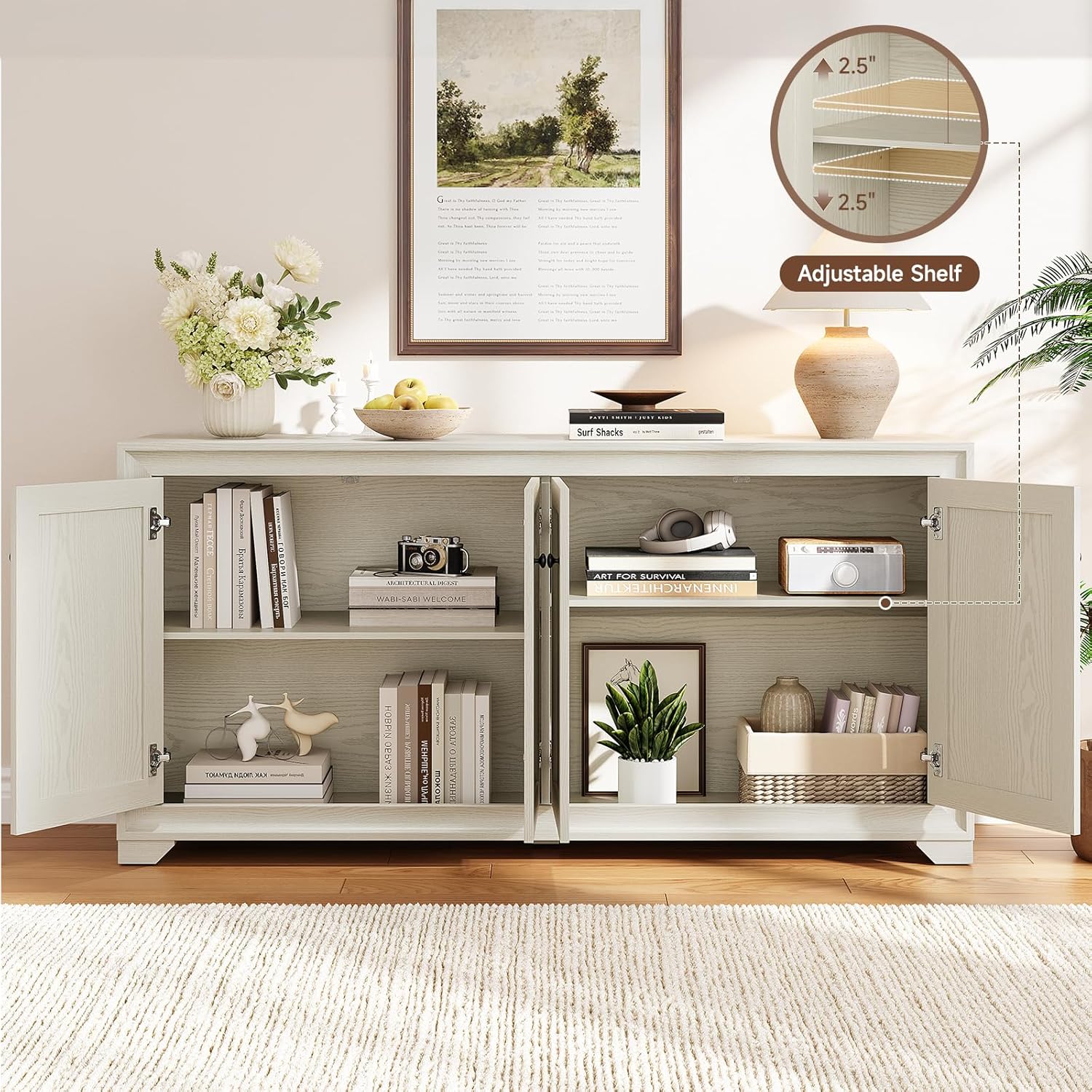 Interior view of the ONBRILL buffet cabinet showing adjustable shelves