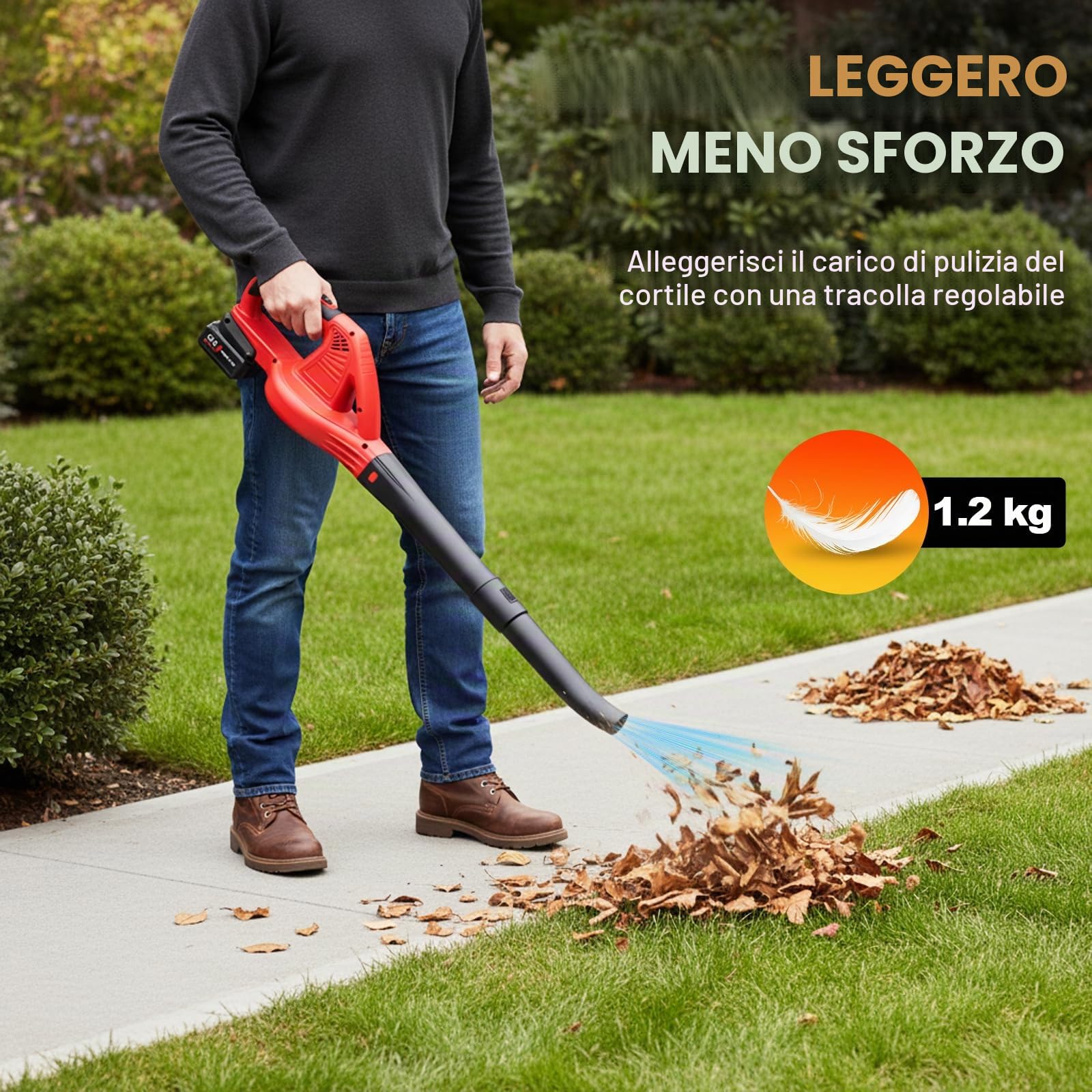 Soffiatore di Foglie 21V, Soffiatore a Foglie con 2× 3,0Ah Batteria, 800W, 2 Modalità di Velocità, Soffiatore Batteria San Filo 210 km/h, per Giardino, Spolverare e Soffiaggio di Neve
