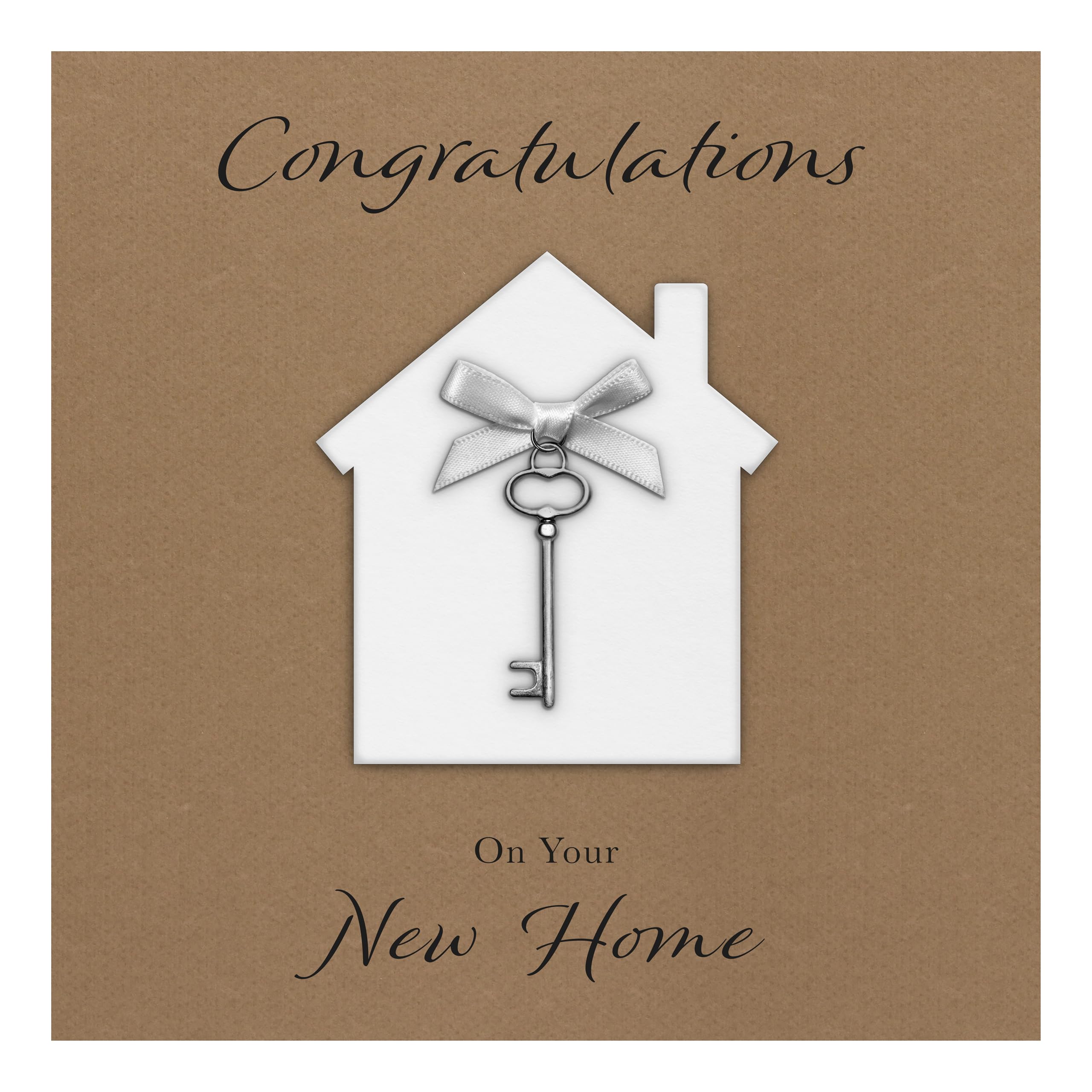 New Home Card "Key Charm & Bow" - Handmade UK (White House/White Bow)