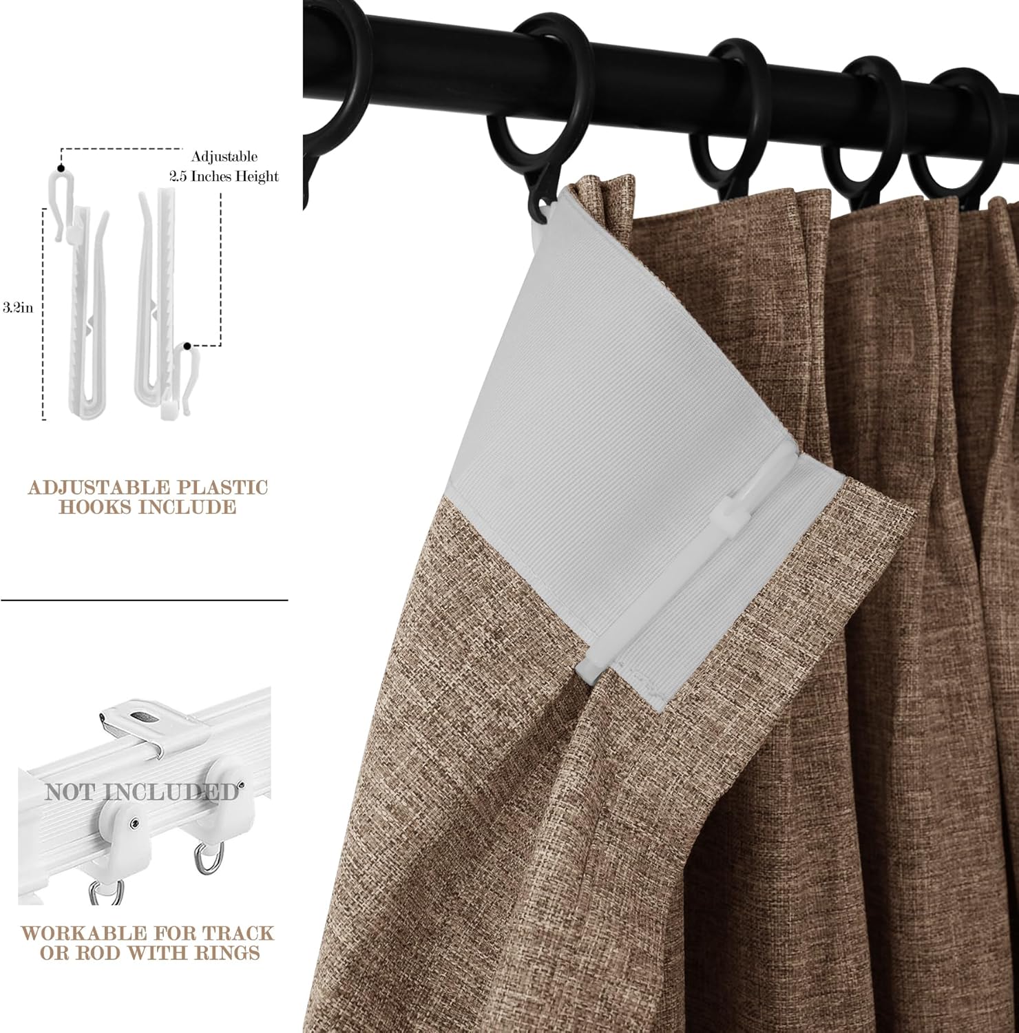 Fcosie 100" W x 96" L Faux Linen Room Divider Curtains, Full Blackout Pinch Pleated Drapes for Traverse Rod, Bedroom Divider Privacy Drapery with Hooks for Ceiling Track, 1 Panel, Taupe