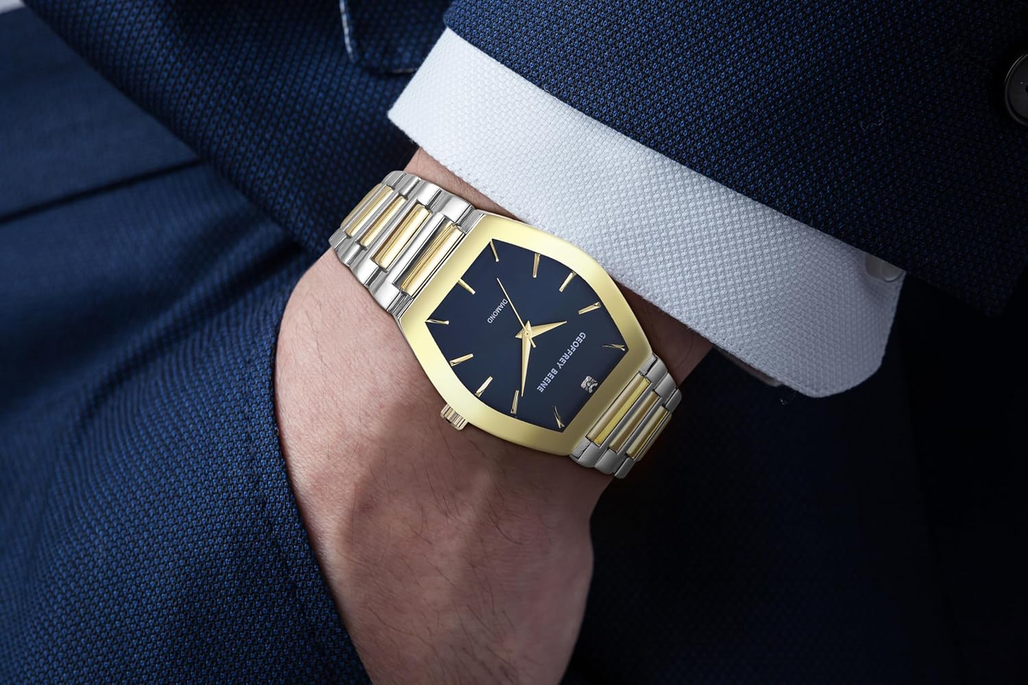 Geoffrey Beene Men's Two Tone Gold Metal Dress Watch, Genuine Diamond Accent Dial, Classic Quartz, Elegant Design