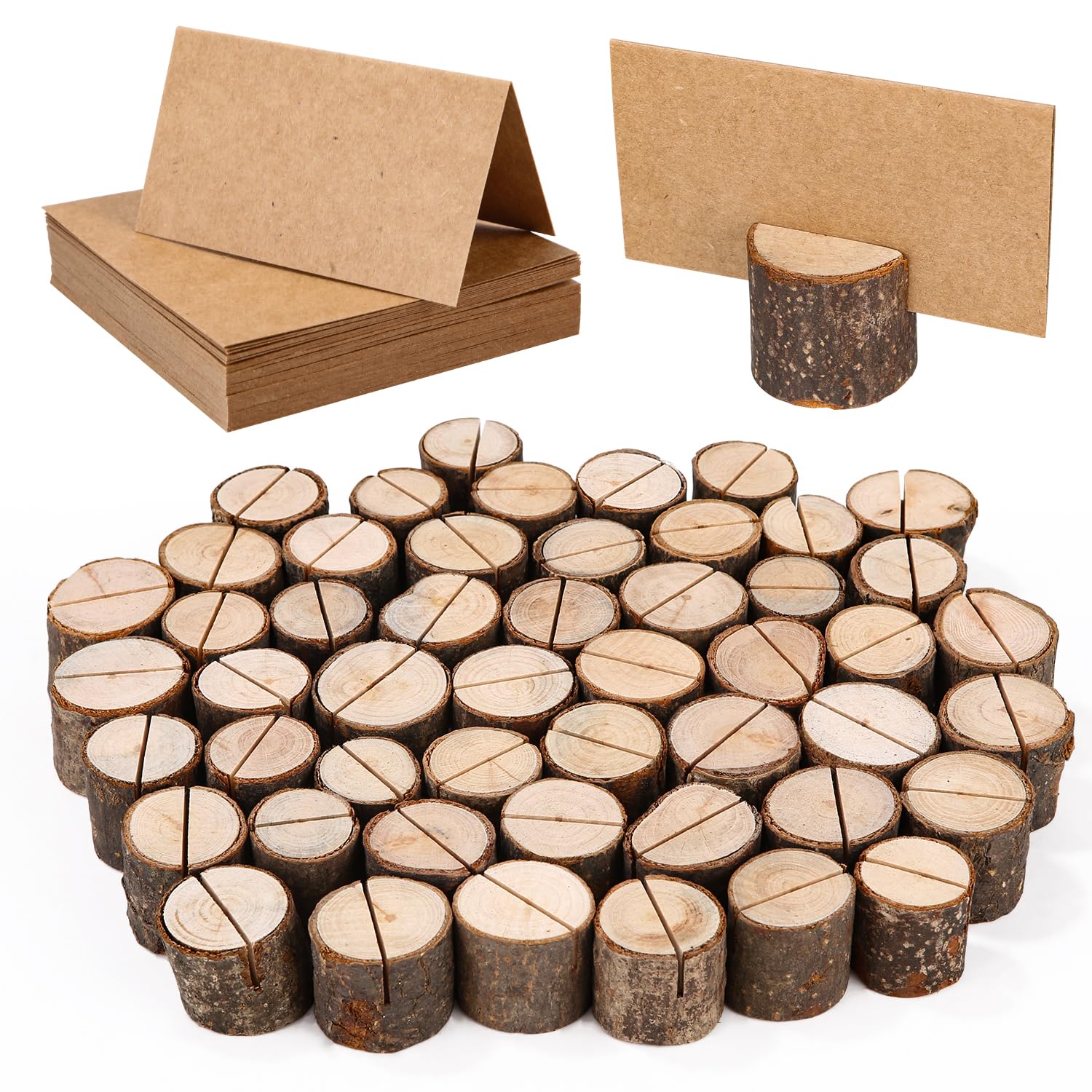 Bixury 50 Piezas Soporte Tarjetas Madera,Porta Tarjetas de Madera Soportes de Tarjetas de Tocón con 50 Tarjetas Para Bodas Tarjetas de Mesa Números para Fotos Nombres Tarjetas Bodas Fiesta (50)