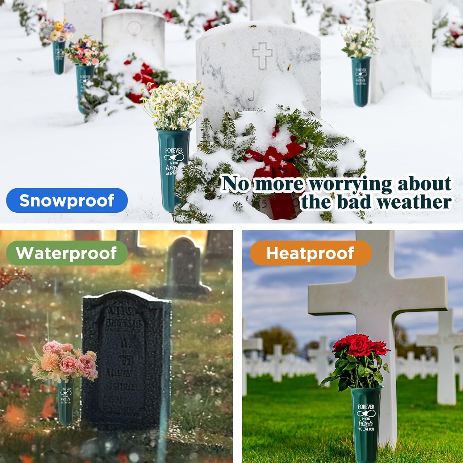 6 Set Spikes Cemetery Vases with Foam Inserts Plastic Green Memorial Floral Vases Grave Decorations for Cemetery Grave Flower Holder Cones(Heart)
