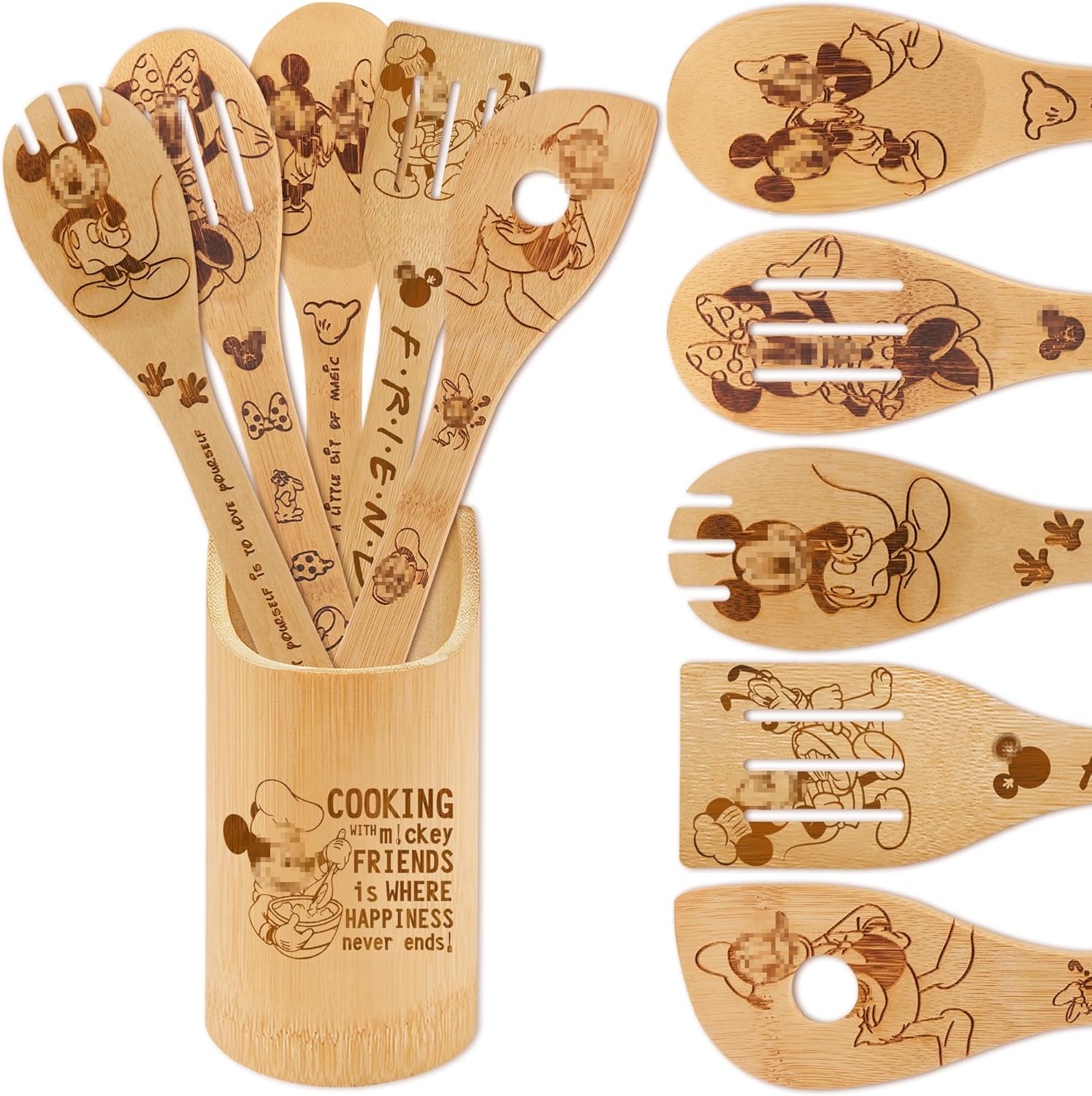 Wooden Spoons for Cooking, Bamboo Kitchen Cook Utensils Set, Housewarming Birthday Anniversary Present for Friend (6PCS)