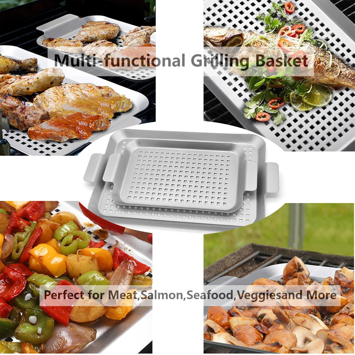 Bandeja antiadherente de acero inoxidable para barbacoa con agujeros, sartenes para asar al aire libre para carne y verduras, juego de 2 (16.5 x 10 pulgadas y 13 x 7.4 pulgadas)
