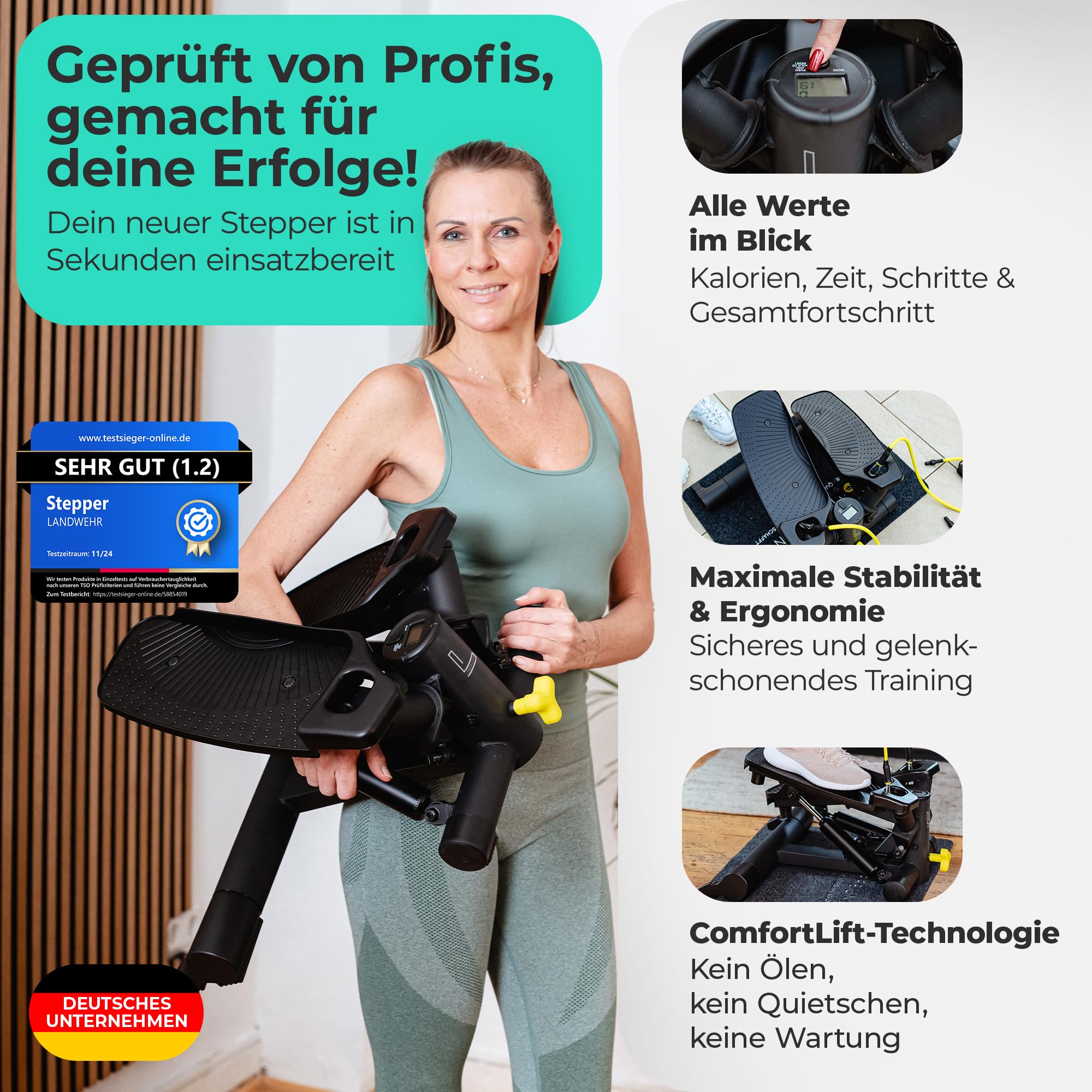 LANDWEHR Stepper für zuhause, Treppensteiger Fitnessgerät, bis 180kg belastbar, Stabile Stahlkonstruktion, Schwarz, Starte jetzt Dein Sicheres Training, von Trainern empfohlen!