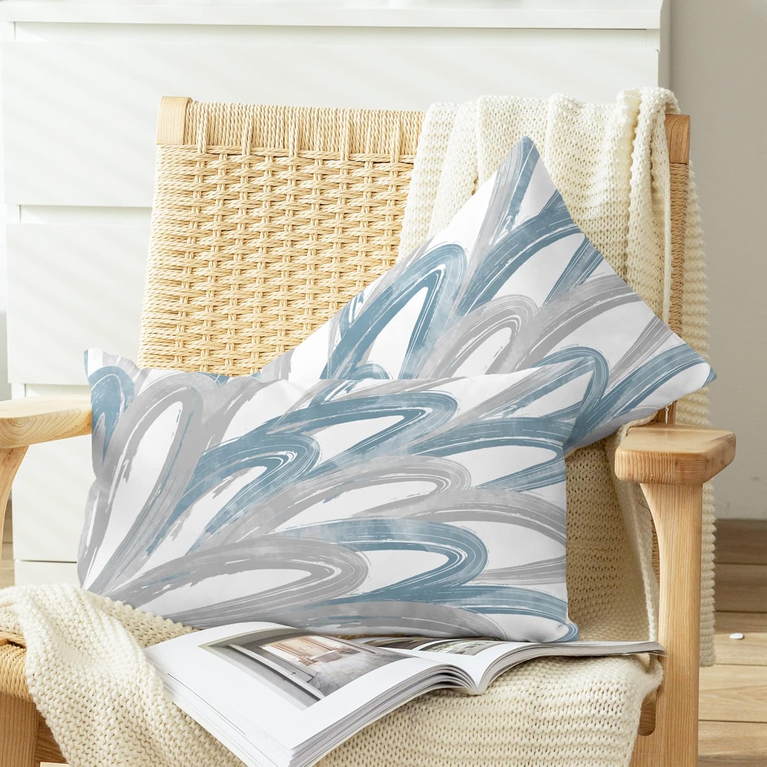 CaliTime Throw Pillow Cases Pack of 2 Cozy Fleece Two-Tone Abstract Feather Decorative Cushion Covers for Couch Bed Sofa Farmhouse Decoration 12 X 20 Inches Smoke Blue Grey - Image 2