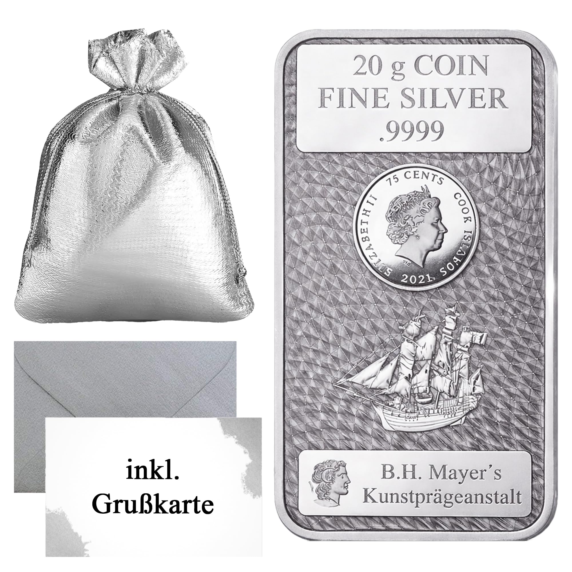 Cook Islands Silber Münzbarren 999,9 Feinsilber – offizielles Anlageprodukt – inkl. Geschenkbeutel, Grußkarte & Echtheitsgarantie Silberstücke24 (20g Silber)