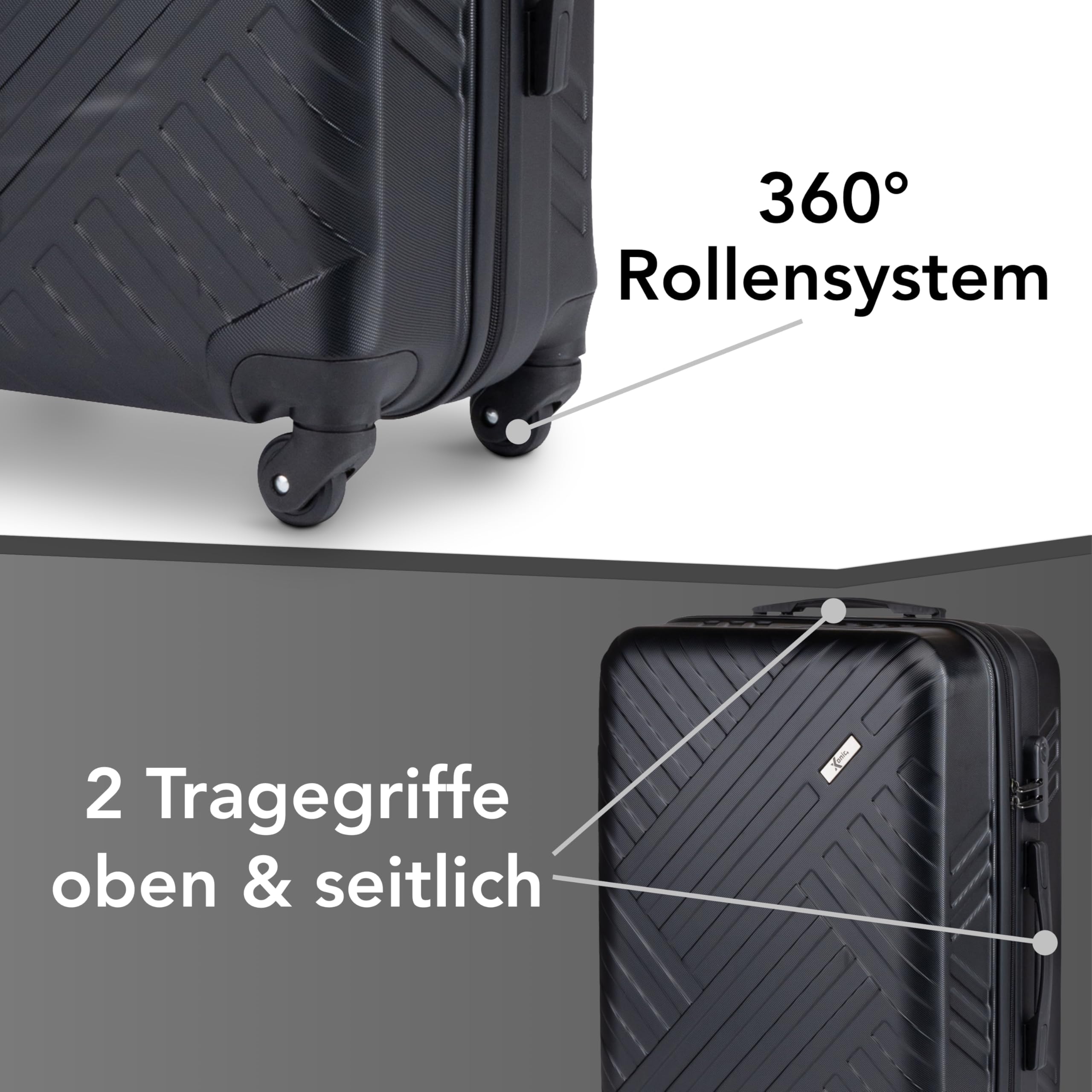Xonic Design Reisekoffer ABS Hartschalen Trolley 360° Leichtlauf-Rollen Zahlenschloss Tiefschwarz L