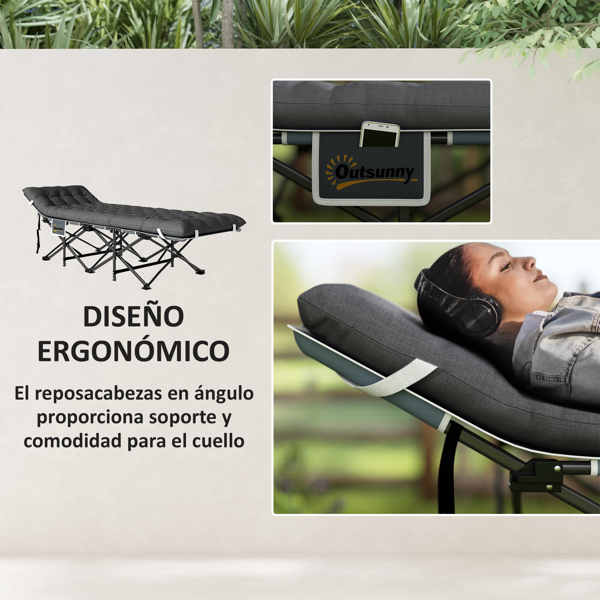 Outsunny Cama Plegable Camping Cama de Acampada Portátil Tumbona de Camping 600D con Reposacabezas Colchón Extraíble y Bolsa de Transporte Carga 150 kg para Playa Senderismo 186x68x37 cm