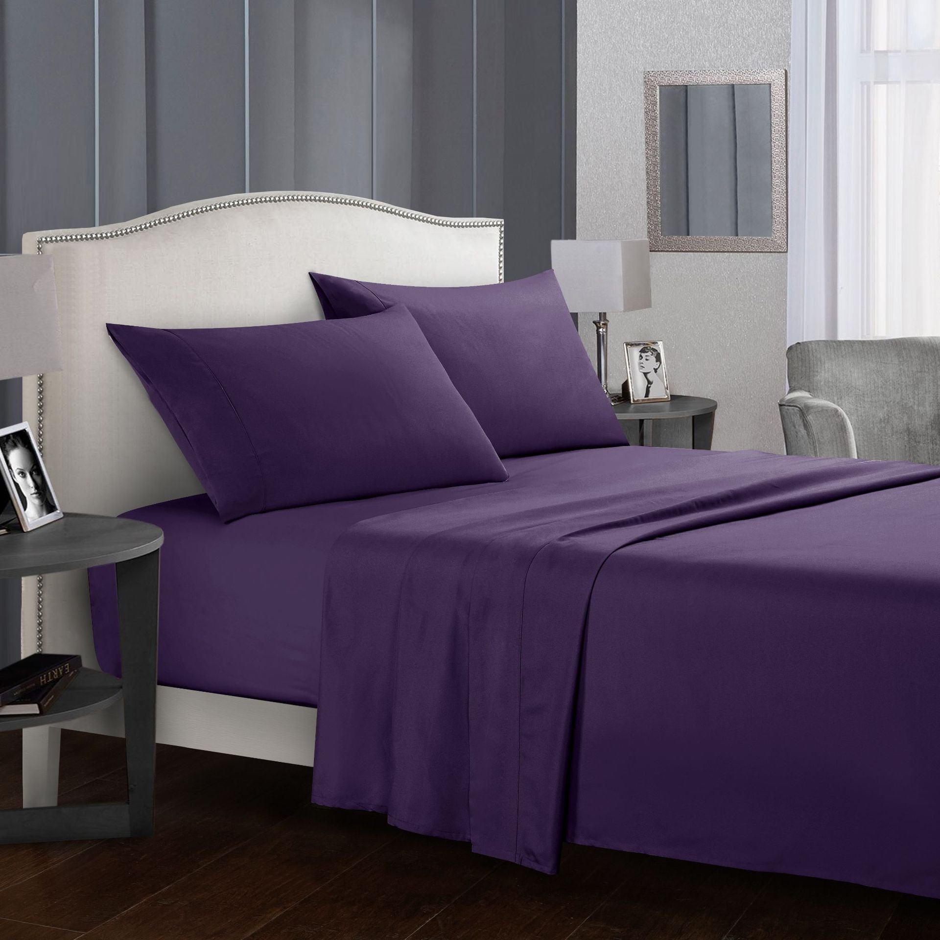 ZABIA Design Den Luxury 100% Cotton Sheets - 400 Thread Count Soft 4-Pc Queen Sheets Set, Cooling Sheets for Queen Size Bed, Deep Pockets, Bedding Sheets & Pillowcases (Purple)