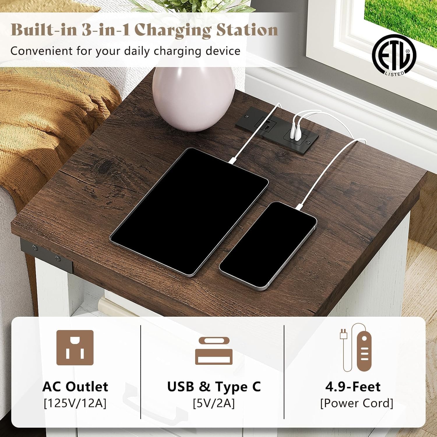 AMERLIFE 3 Pieces Farmhouse Bedroom Furniture Set, 6 Drawer Dresser Chest, Nightstand Set of 2 with Charging Station, Rustic Wood, Storage Organizer for Bedroom, Living Room, Antique White