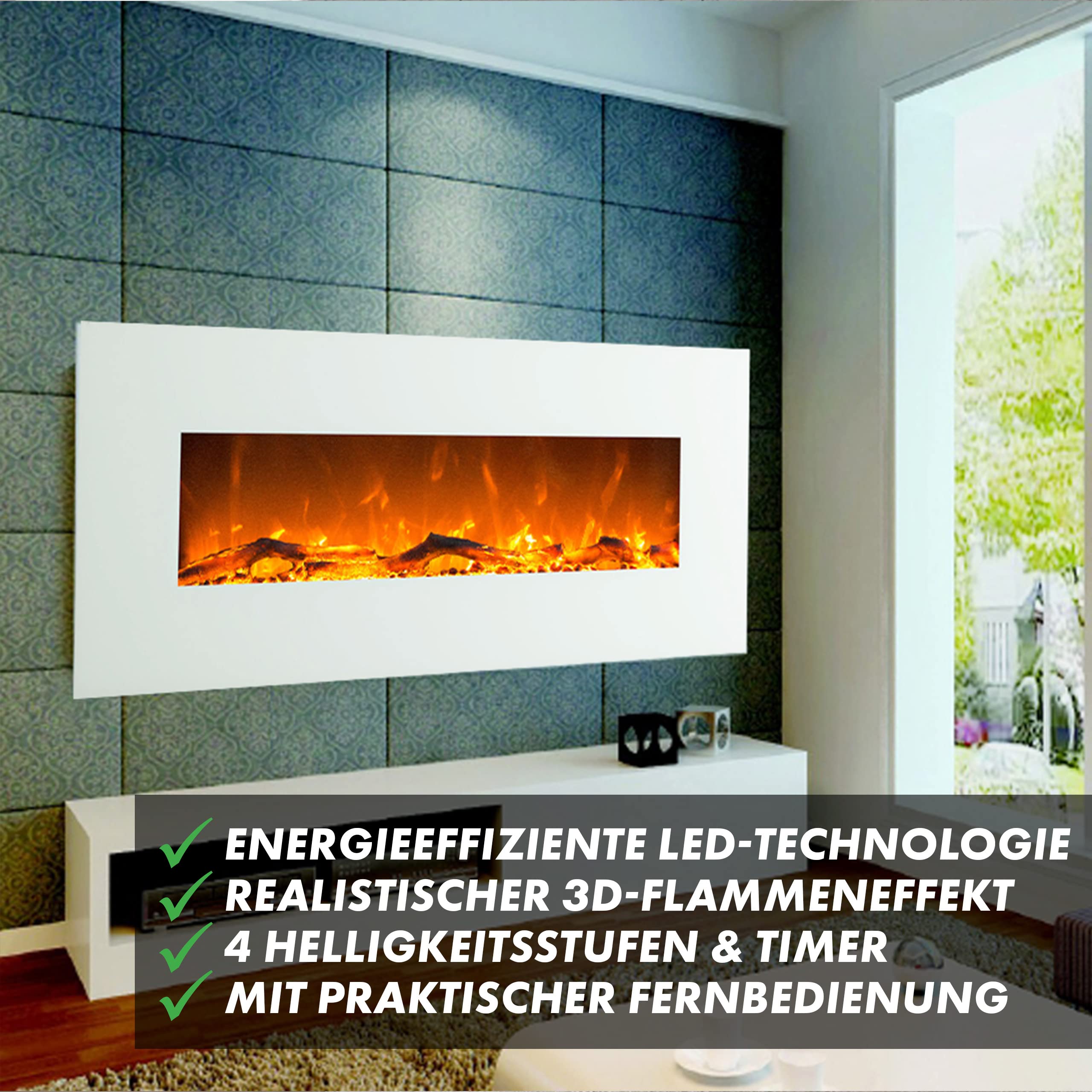 GLOW FIRE Elektrokamin Cobalt 50 - 3D LED Flammeneffekt Mit Heizung, App Steuerung & Timer, 157cm Weiß