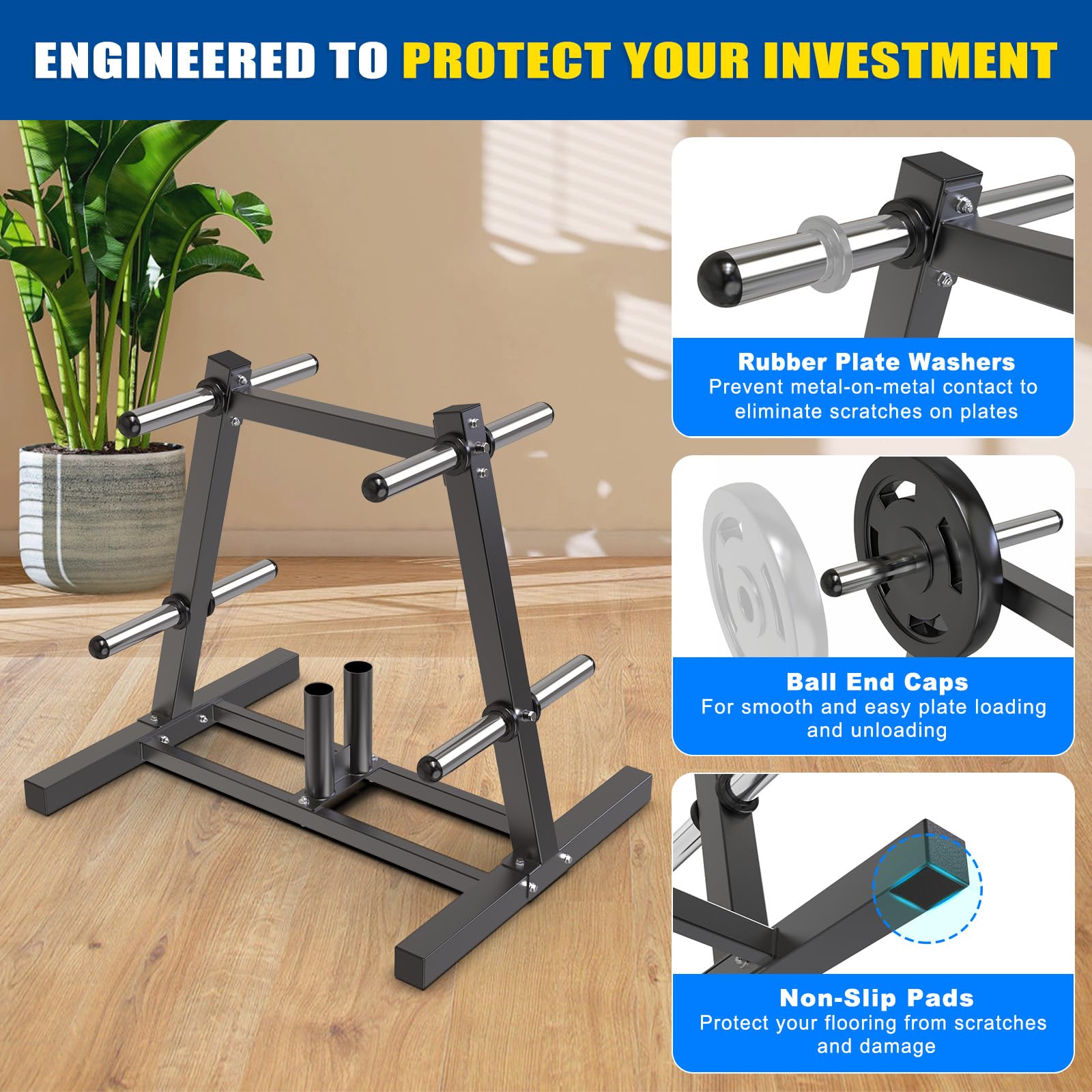 Kipika Gewichtsscheibenständer, Halter für 5 cm Olympia-Scheiben & 2 Langhantelhalter, robuster Bumper-Platten-Organizer für Heim-Fitnessstudio mit optionalen Rollen (A-Schwarz, ohne Rollen, 360 kg)