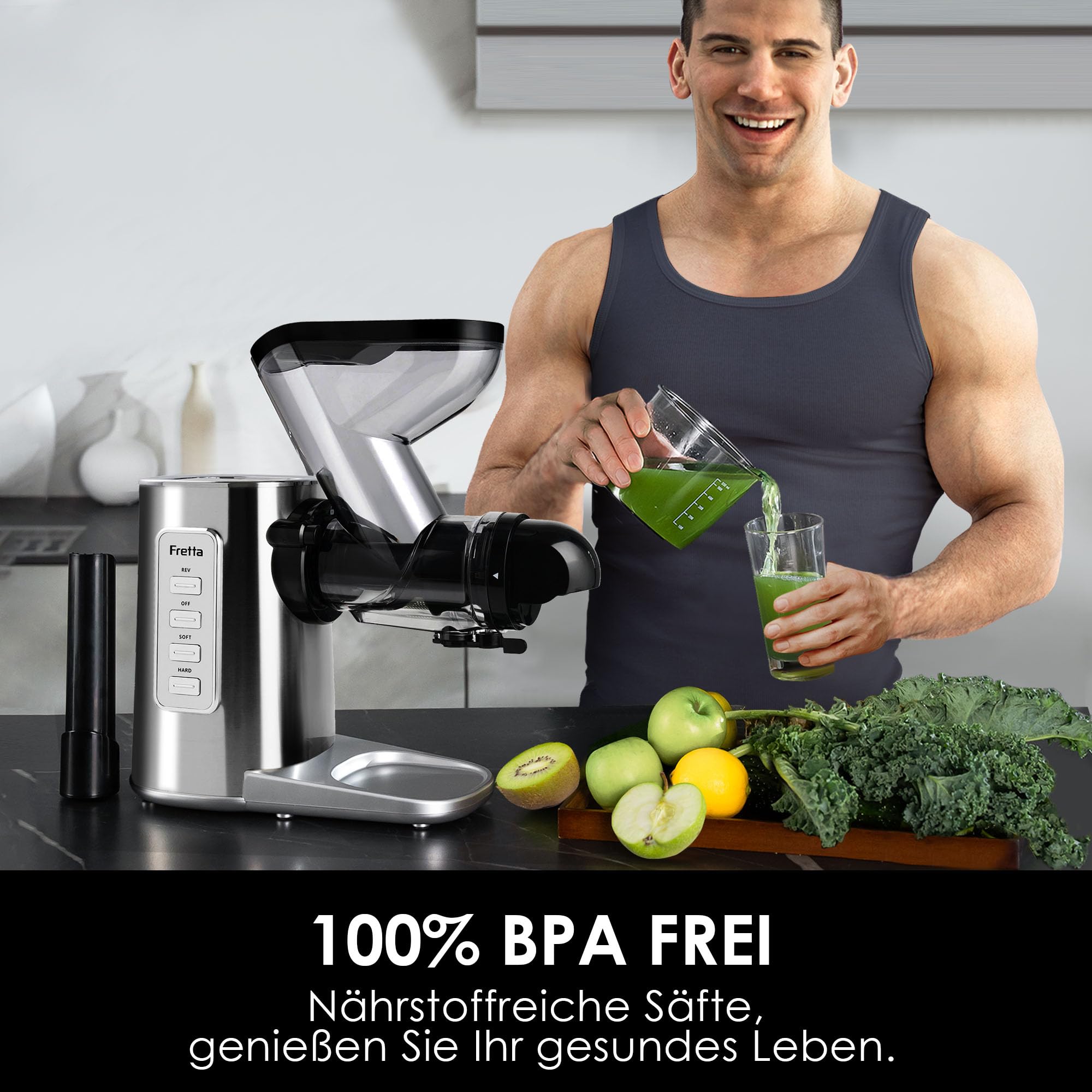 Fretta Entsafter Slow Juicer Entsafter Gemüse und Obst Testsieger Edelstahl | BPA-frei,Abnehmbare, Spülmaschinenfest,76mm Öffnung,Ganze Früchte,Hohe Saftausbeute,Leistungsstarke 200W,Leise,Umkehrfunktion