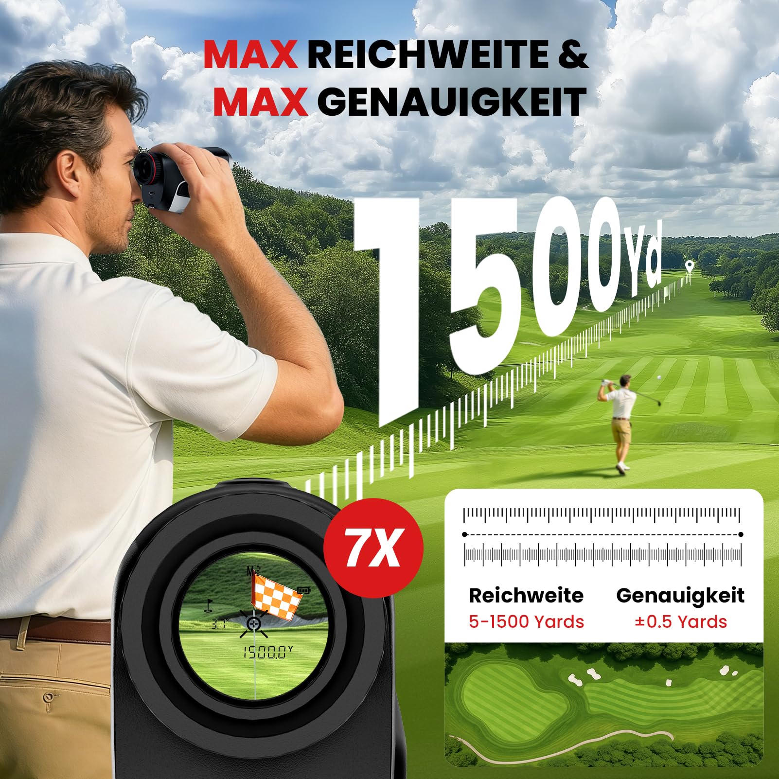 Golf Entfernungsmesser mit Slope EIN/aus, 1500 Yards, 7X Vergrößerung, Entfernungsmesser für Golf/Jagd, Flaggen-Lock mit Vibration, tragbarer Golf-Entfernungsmesser, 1 Pcs