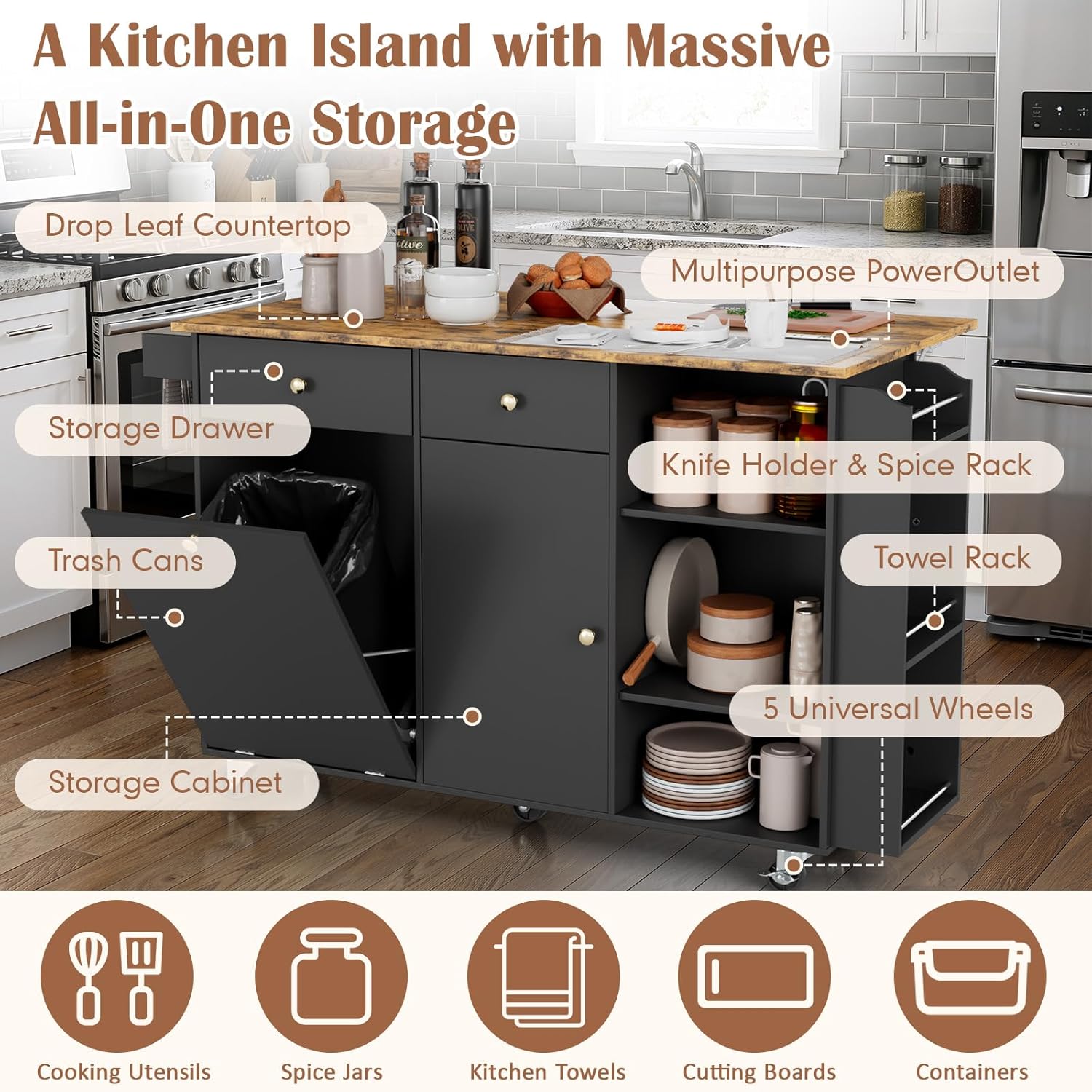Kitchen Island Cart on Wheels with Solid Wood Top, 60" Rolling Kitchen Island with Power Outlet & Drop Leaf, Kitchen Island Cart with Storage, Drawer, Spice/Towel Rack, Mobile Kitchen Cart (Black)