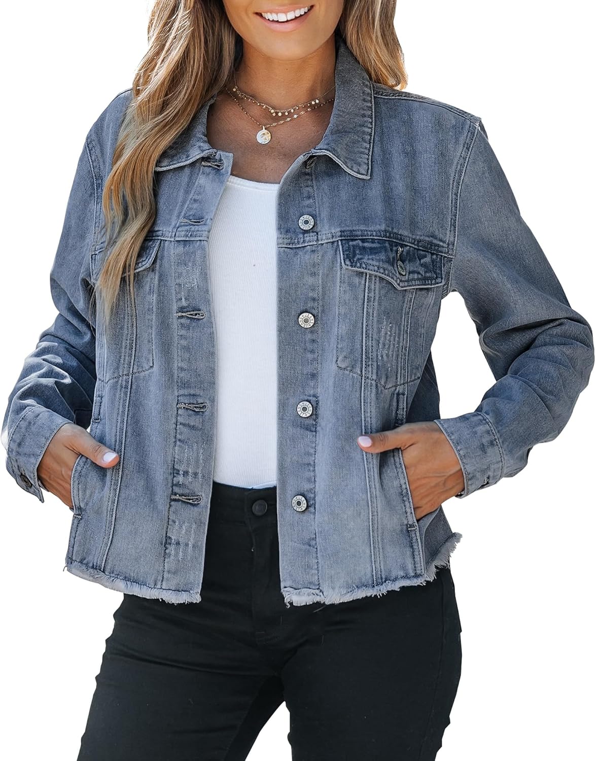 Vetinee Jean Jacket Women Trendy Button Down Long Sleeves Casual Distressed Frayed Hem Trucker Denim Jackets with Pocket