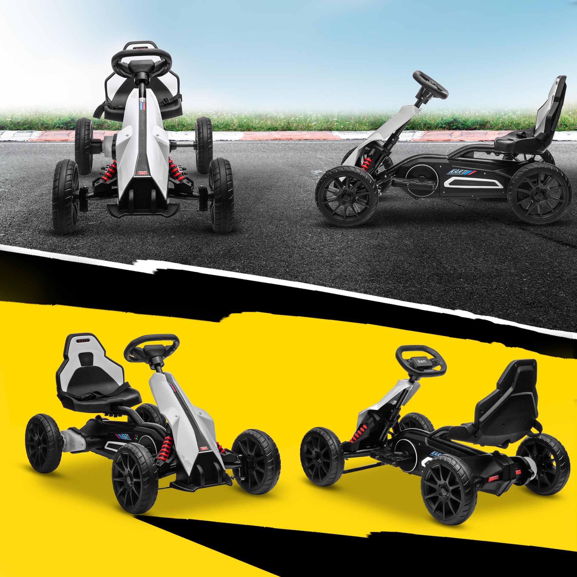 HOMCOM Kart électrique pour Enfant 12V - Vitesse 3-5km/h pour Enfants de 3 à 8 Ans - siège réglable Ceinture de sécurité et 5 Roues - Blanc