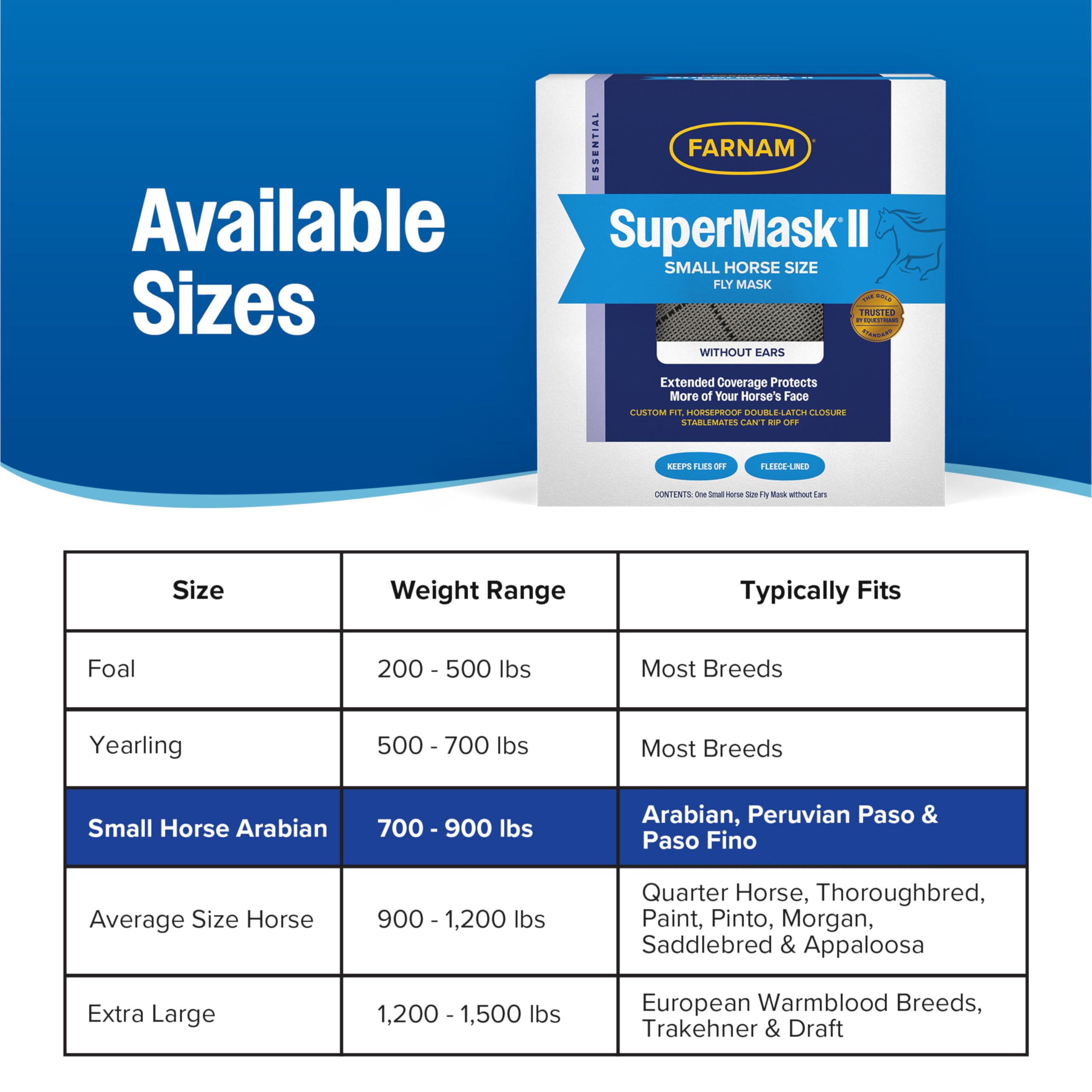 Farnam SuperMask II Masque intégral sans Oreilles pour protéger la tête et Les Yeux Contre Les Insectes nuisibles, Maille Classique structurée avec Bordure en Peluche, pour Petit Cheval/Taille Arabe
