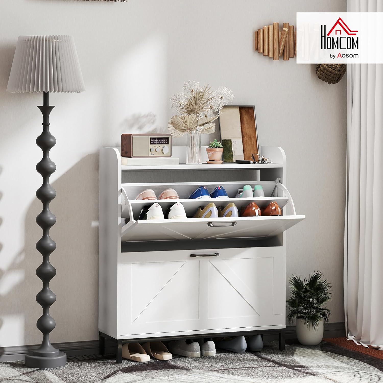 HOMCOM Shoe Storage Cabinet with 2 Flip Drawers, Legs, Farmhouse Freestanding Narrow Shoe Cabinet, Slim Hidden Rack Organizer for Entryway, Hallway, White Wood Grain