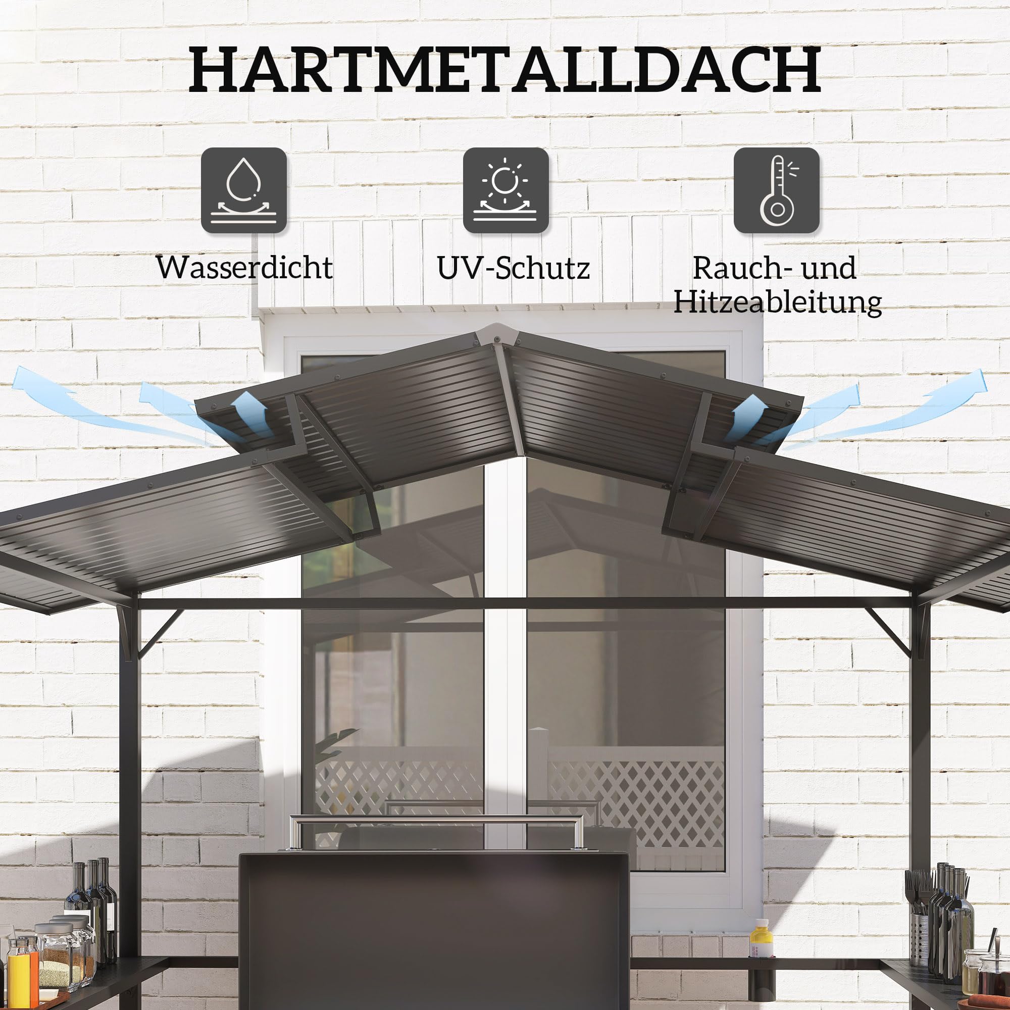 Outsunny Pavillon de barbecue 250 x 160 x 250 cm étanche Pavillon de jardin avec toit double couche, étagères latérales, tonnelles avec protection UV, pavillon BBQ, tente de jardin tente de barbecue
