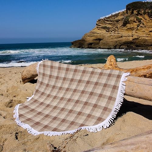 Miniatura 4 de Toalla de playa redonda a cuadros de búfalo retro de microfibra suave absorbente de agua para piscina, viajes, picnic, yoga, 59 pulgadas, marrón