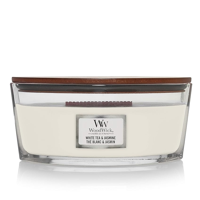 Immagine del prodotto Woodwick Ellipse Candela Profumata Con Stoppino Scoppiettante, Tè Bianco E Al Gelsomino, Fino A 50 Ore, Bianco, Large