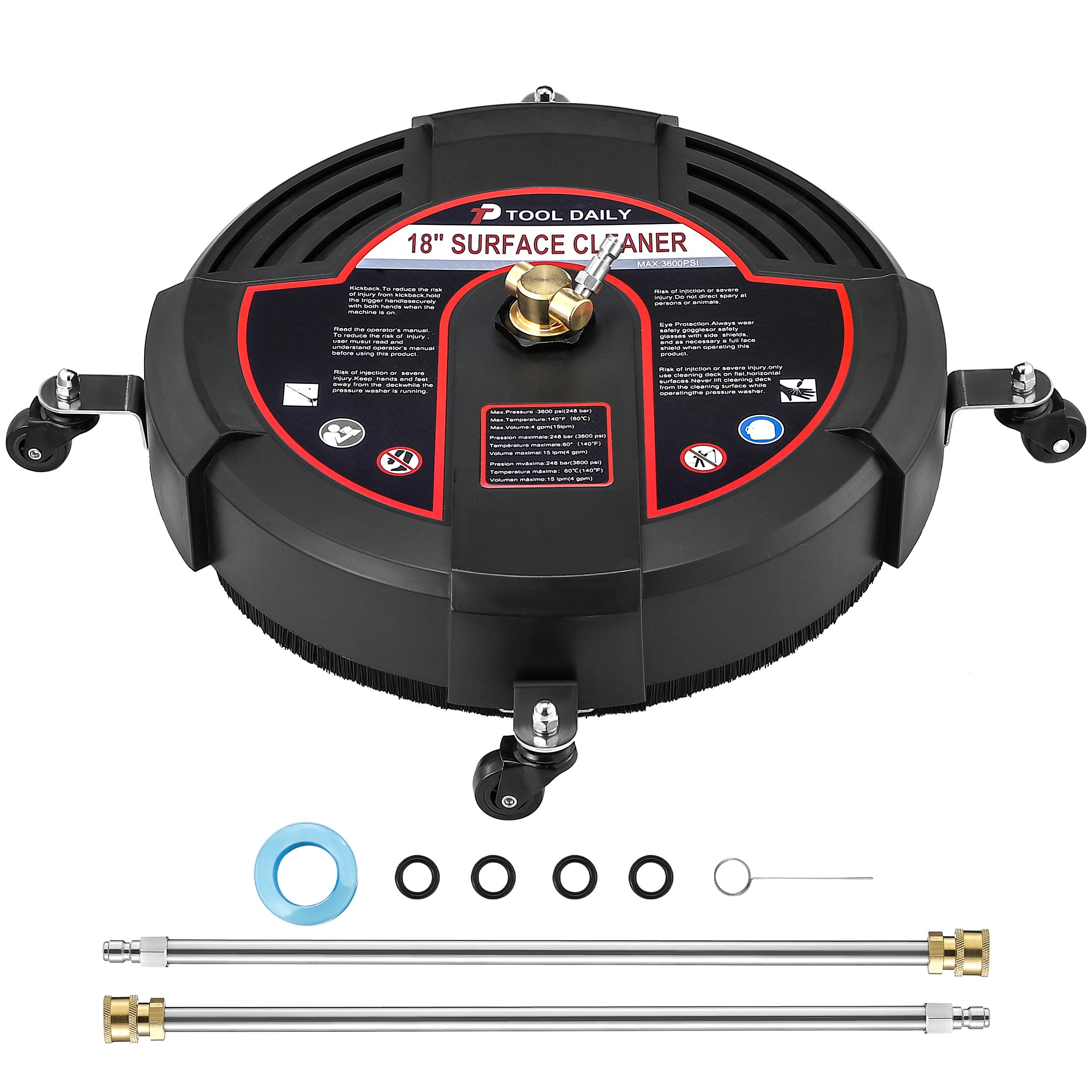 Tool Daily Limpiador de superficies de 18 pulgadas para lavadora a presión con 4 ruedas, accesorio de lavadora eléctrica de entrada con 2 varitas de extensión y 2 boquillas de repuesto, 3600 PSI,