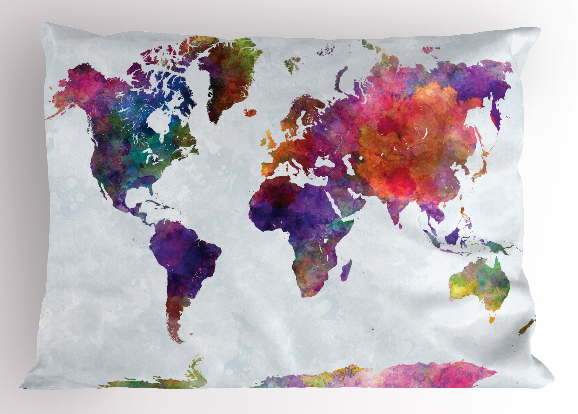Ambesonne Watercolor Pillow Sham, Multicolored Hand Drawn World Map Asia Europe Africa America Geography Print, Decorative Standard Queen Size Printed