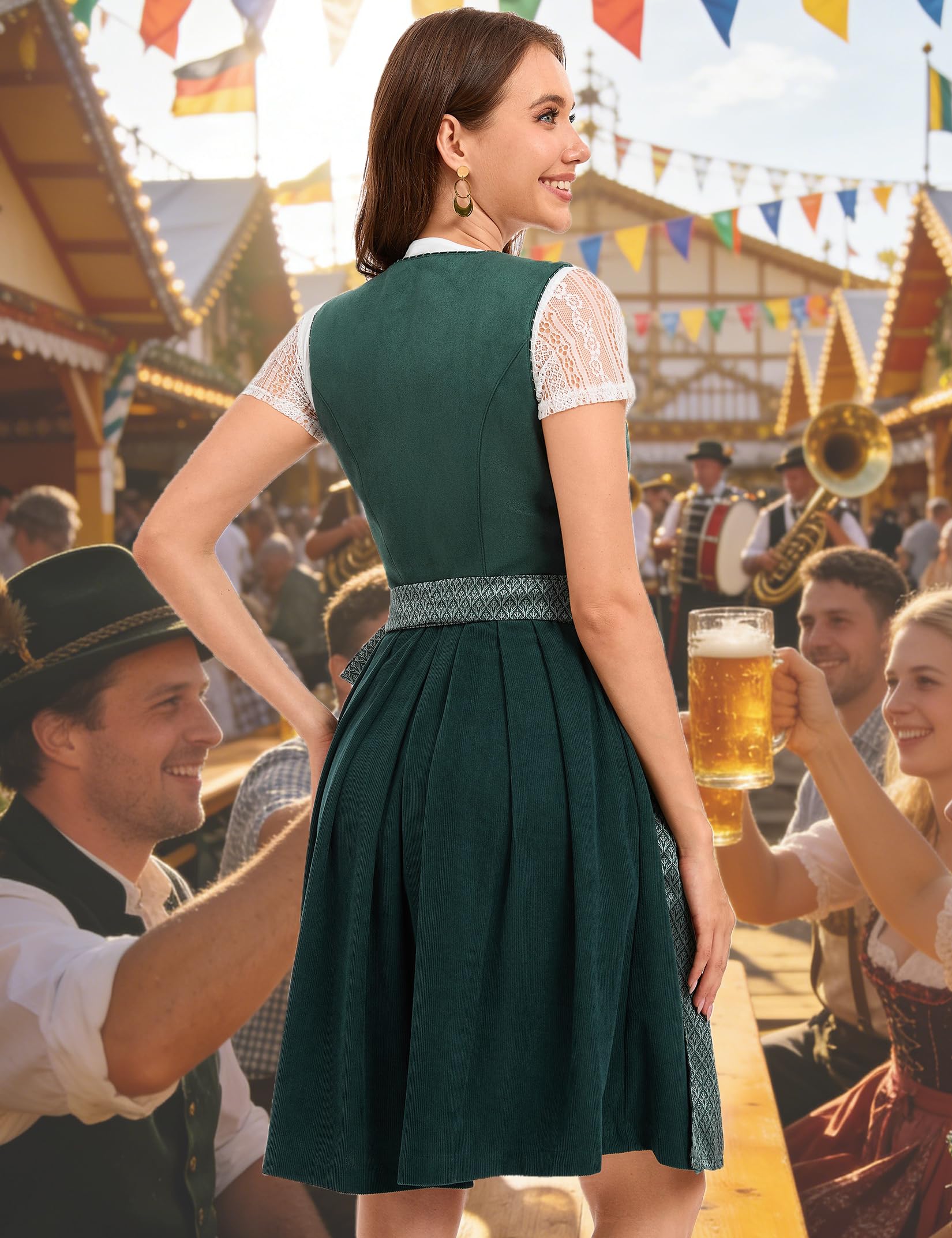 YesFashion Dirndl Damen Oktoberfest Damen Outfit Dirndl 3 Teilig Inkl. Trachtenrock Dirndlbluse Dirndlschürze Trachtenkleid Grün